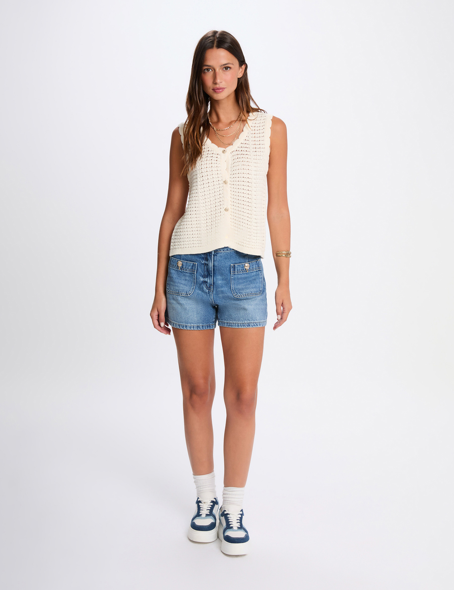 Sleeveless openwork cardigan ivory women