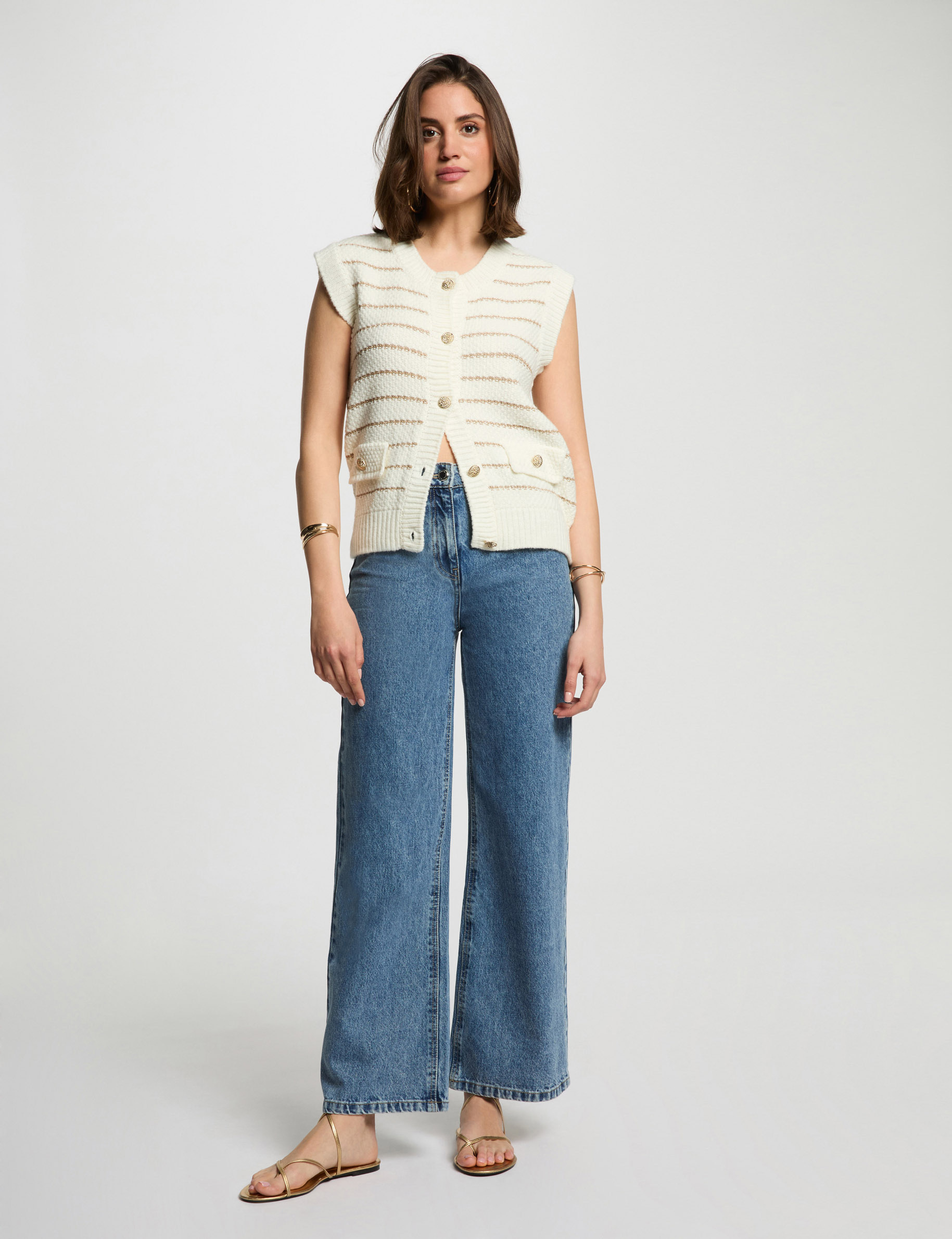 Striped sleeveless cardigan beige women