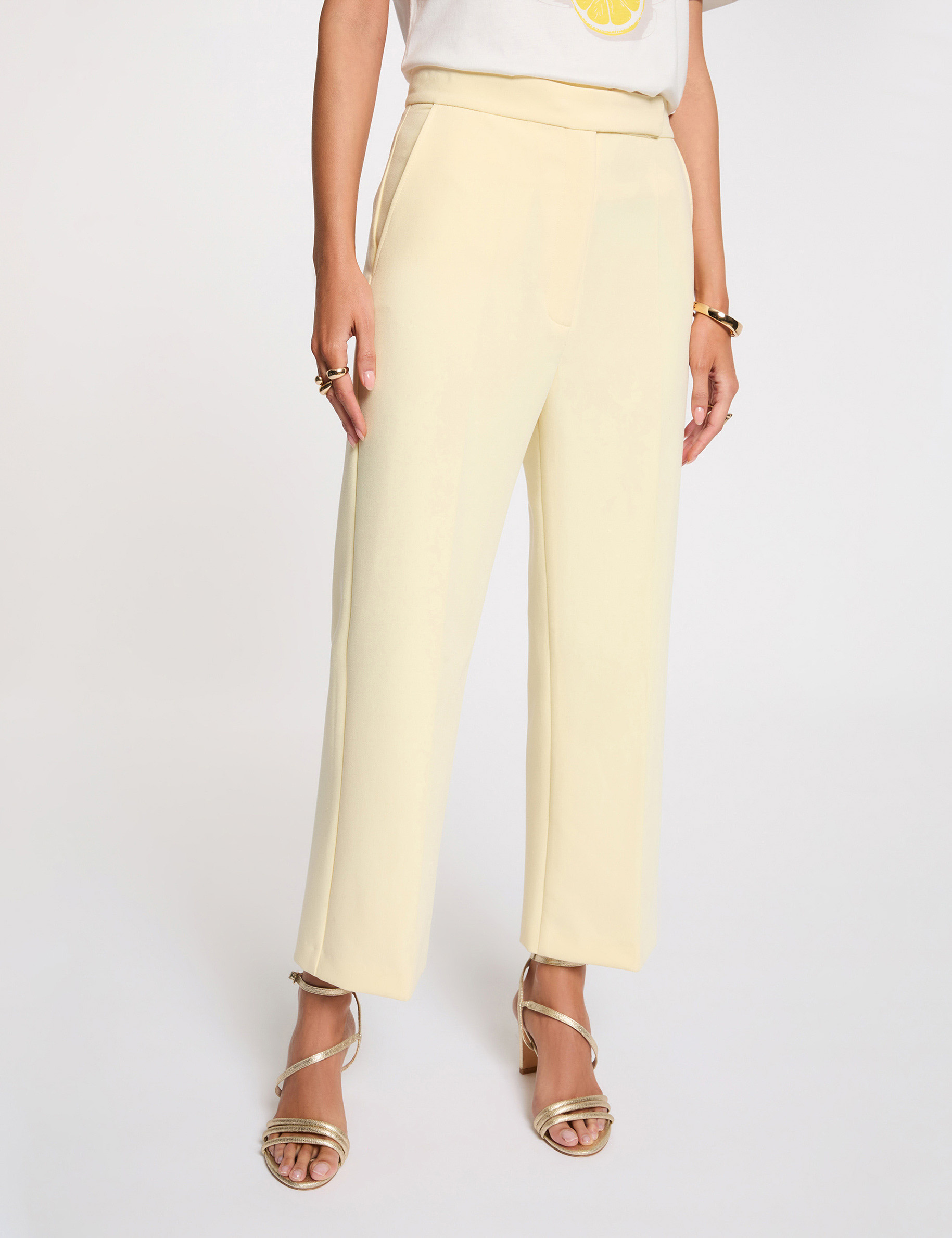 High-waisted straight trousers pastel yellow women