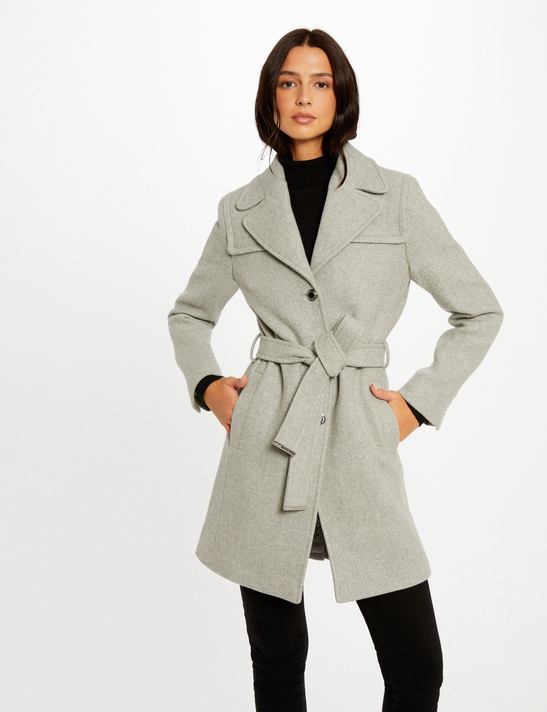 Belted waisted coat light grey ladies' | Morgan