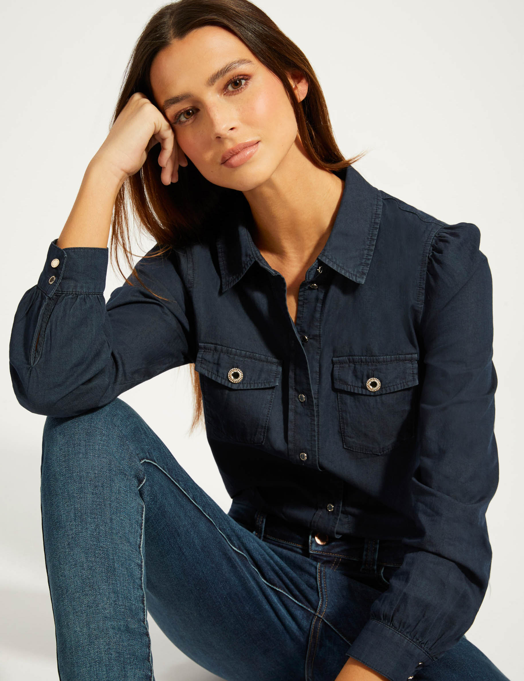 Long-sleeved denim shirt raw denim ladies' Long-sleeved denim shirt raw denim ladies'