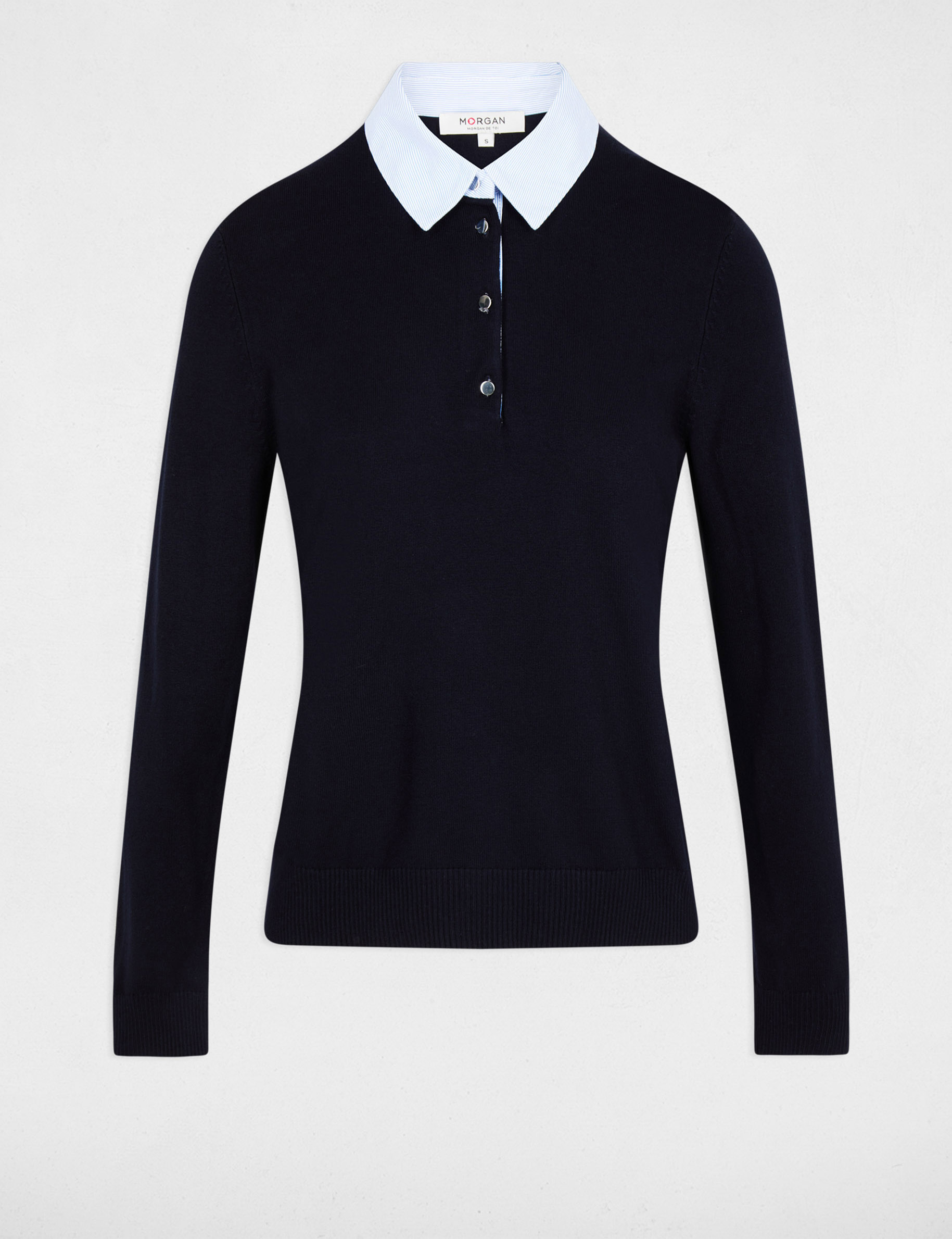 Pull col chemise bleu marine femme