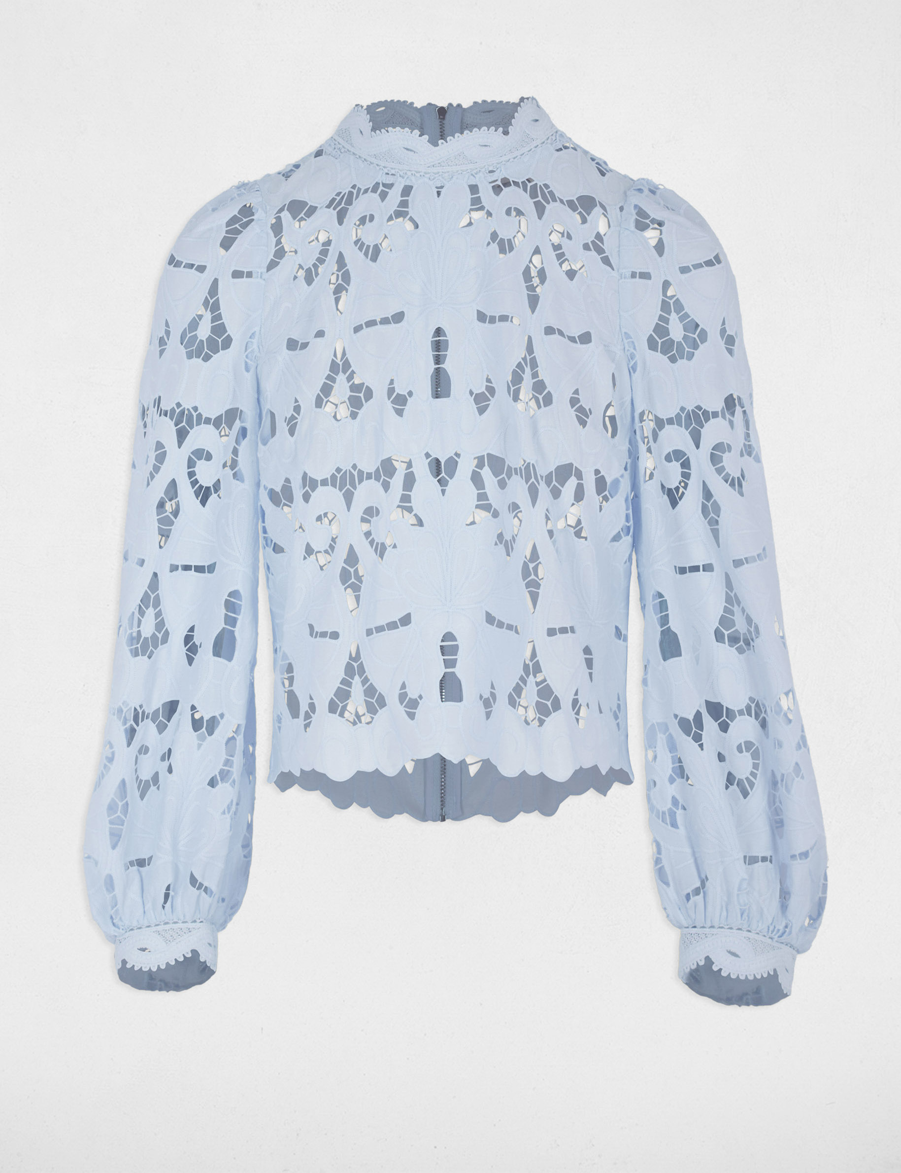 Embroidered blouse with high neck sky blue women
