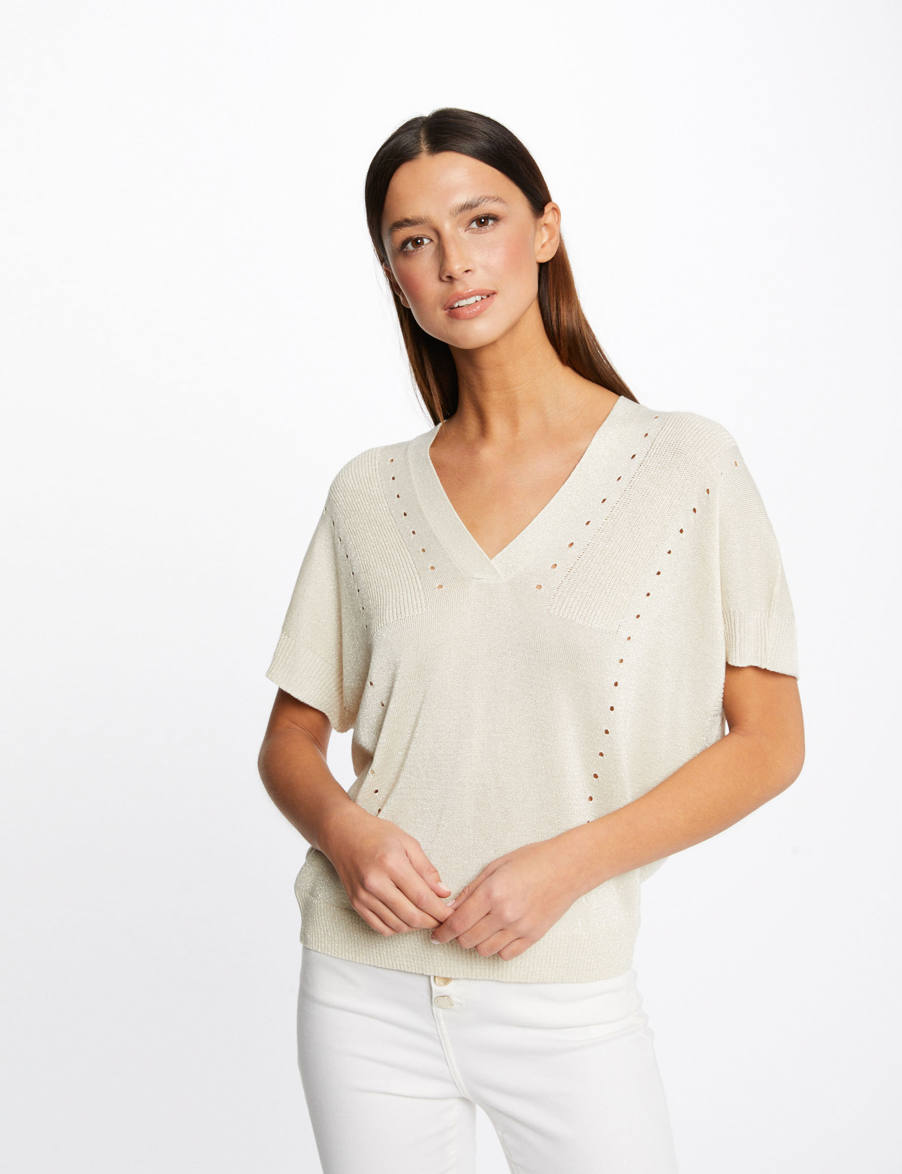 Short-sleeved jumper with V-neck beige ladies' | Morgan