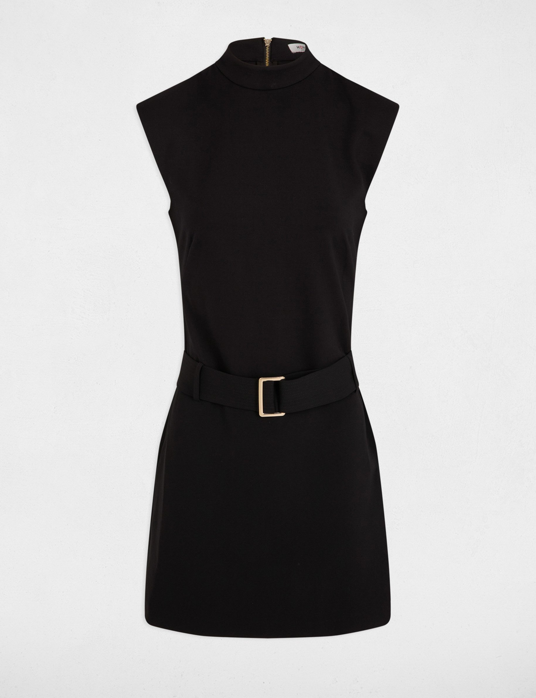 Robe courte droite ceinturée noir femme