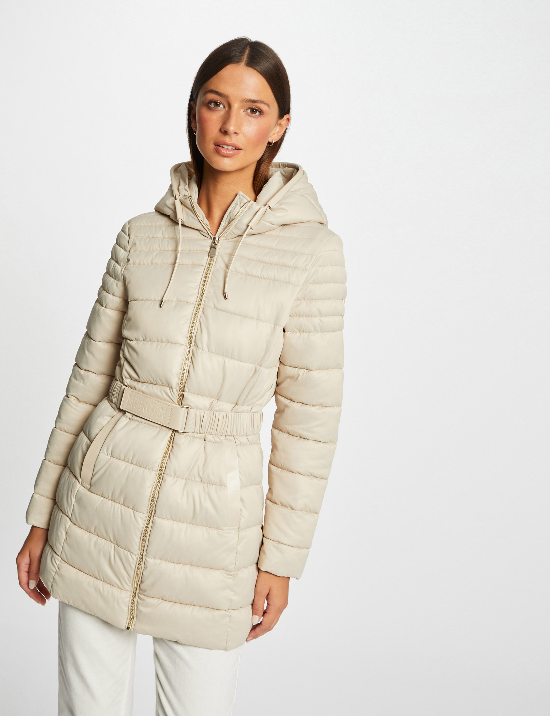 Belted waisted padded jacket with hood light beige ladies