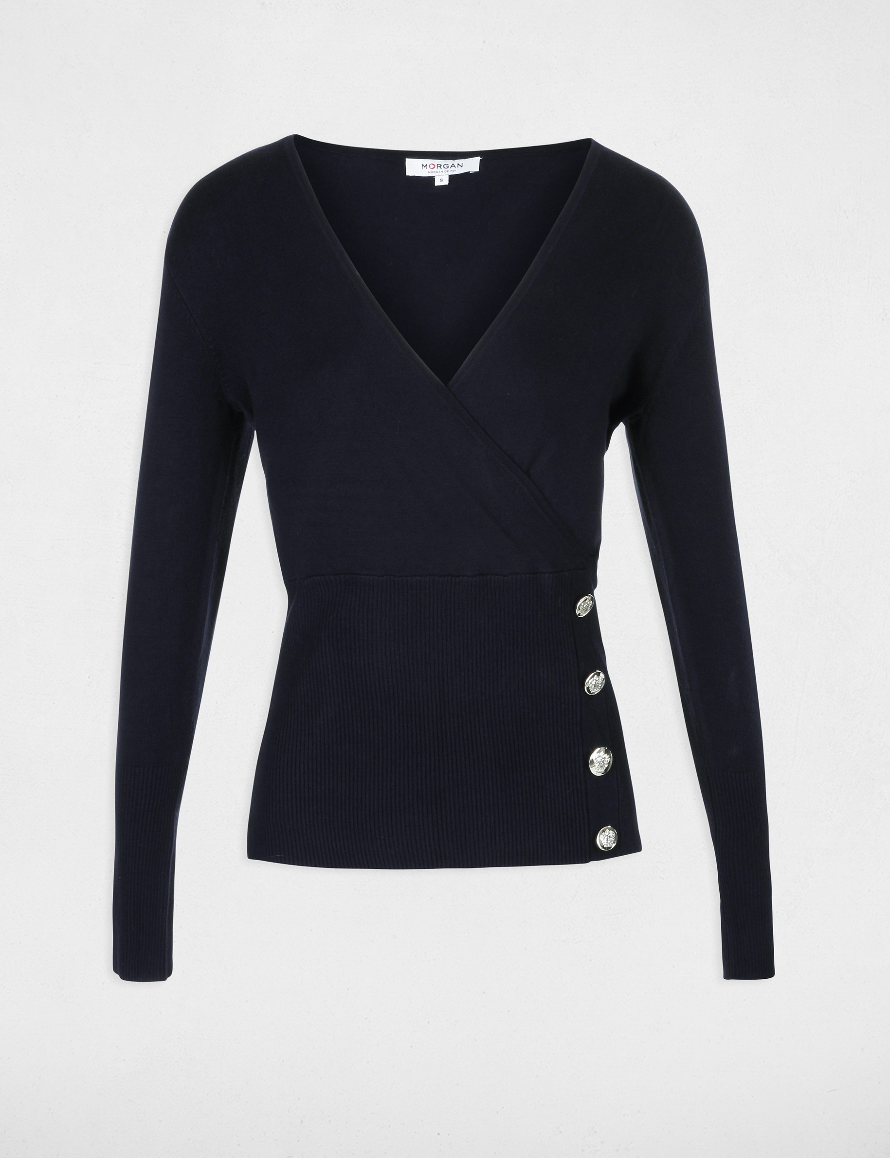 Long-sleeved jumper wrap-over neckline navy blue women