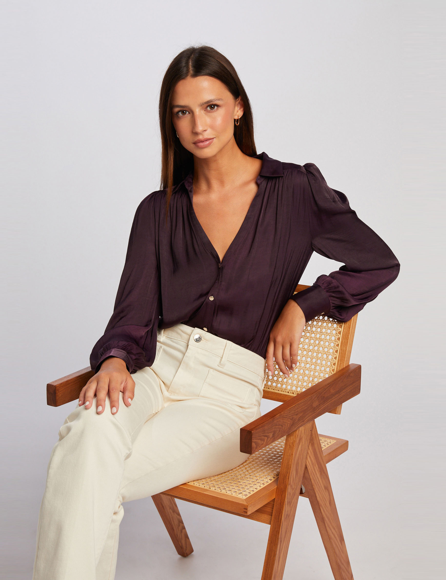 Long-sleeved satin shirt plum ladies'