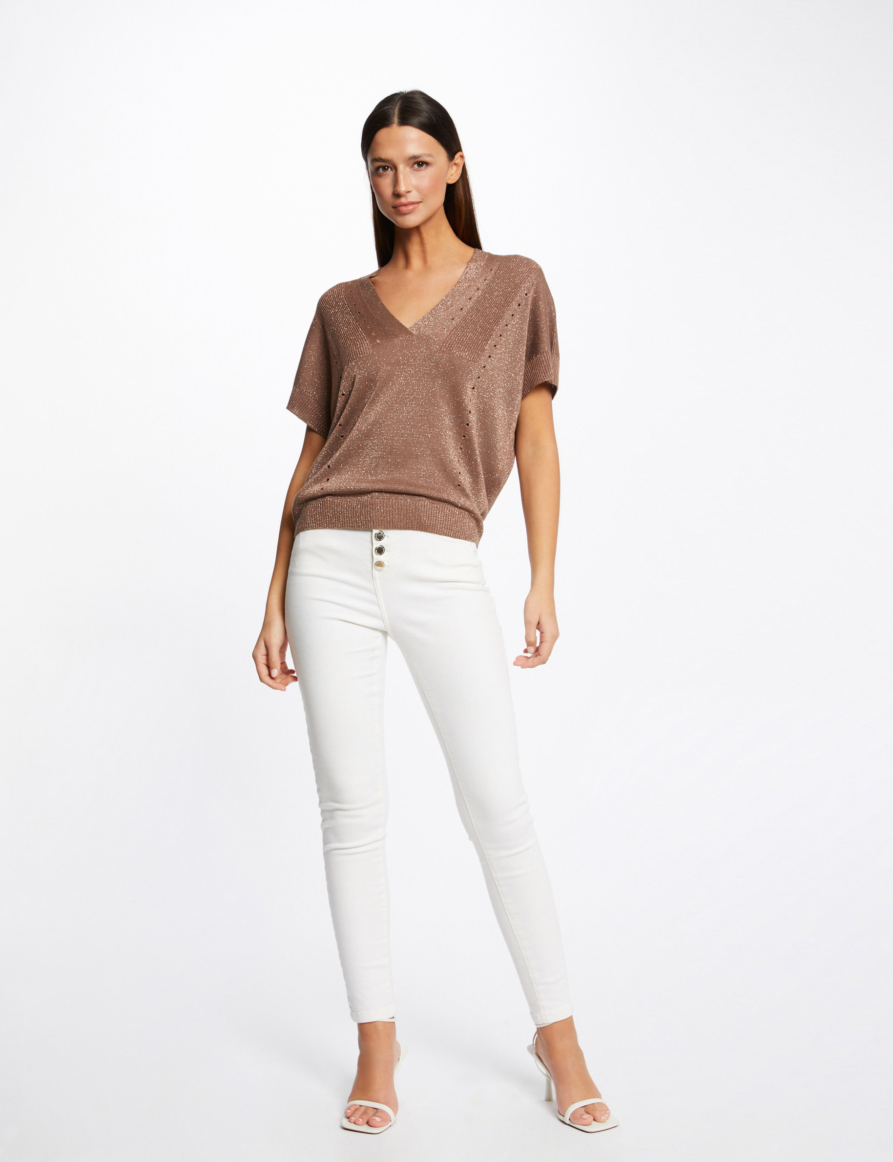 Short-sleeved jumper with V-neck rust ladies' Short-sleeved jumper with V-neck rust ladies'