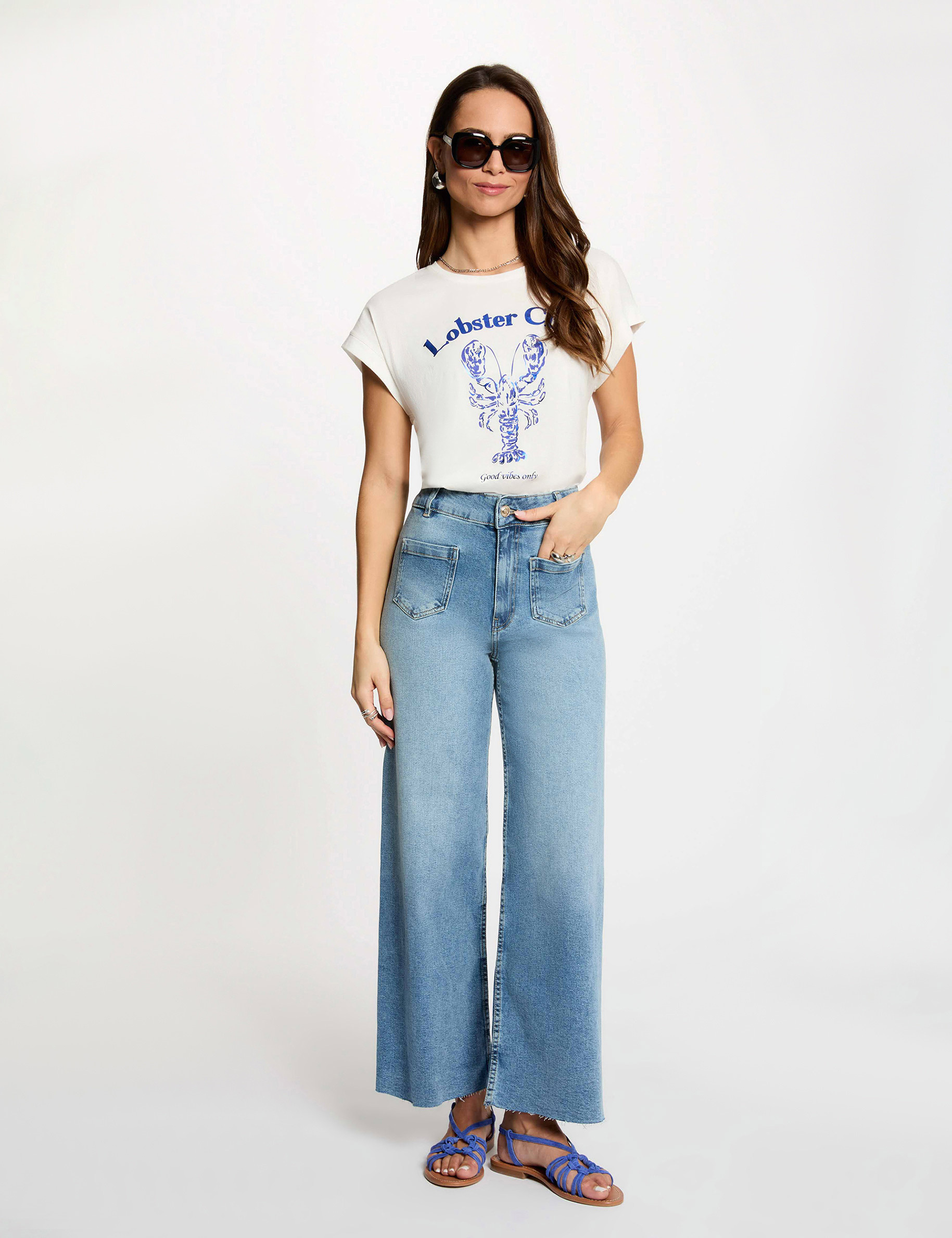 High-waisted wide-leg jeans heavy stone wash denim women