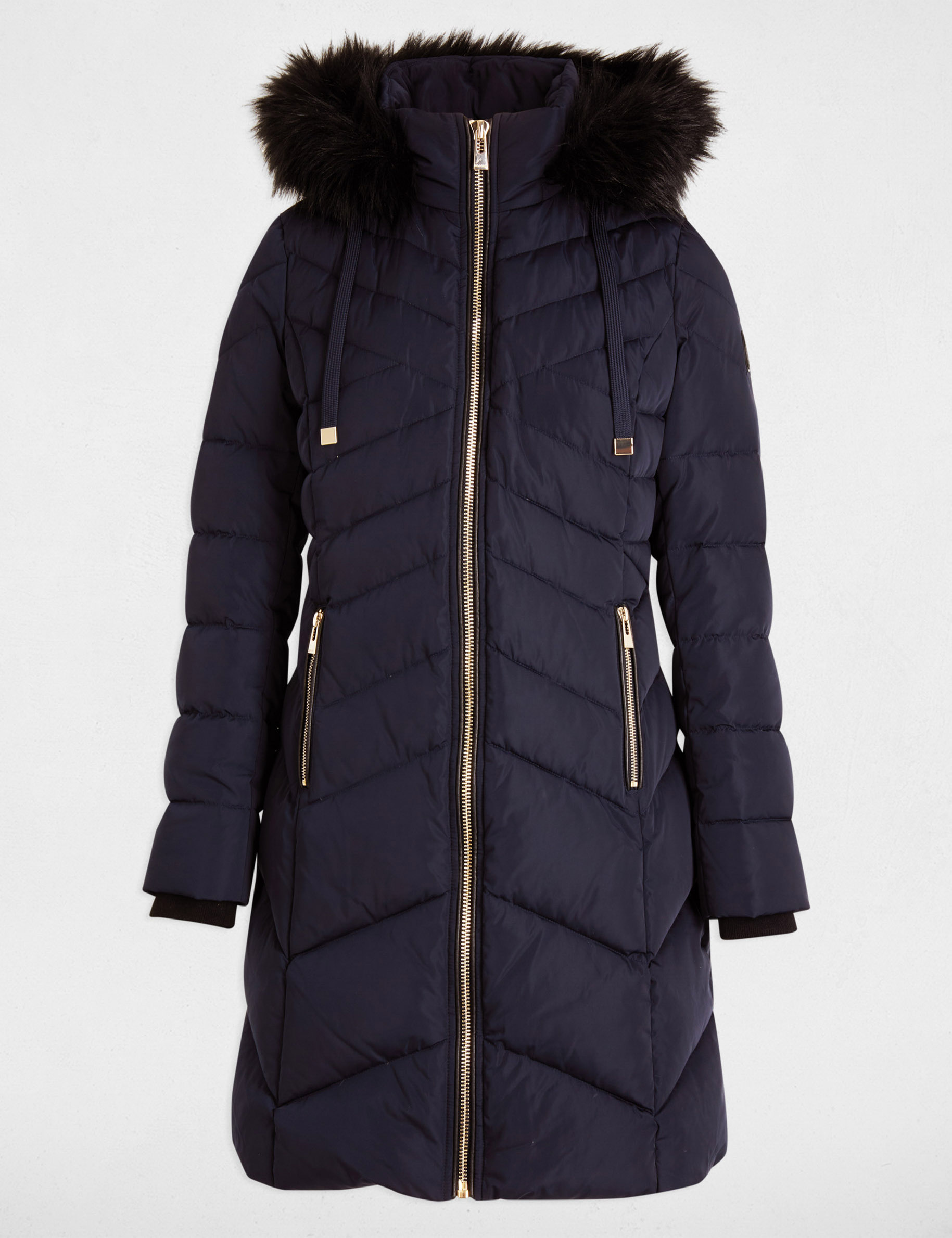 Long hooded puffer jacket navy blue women