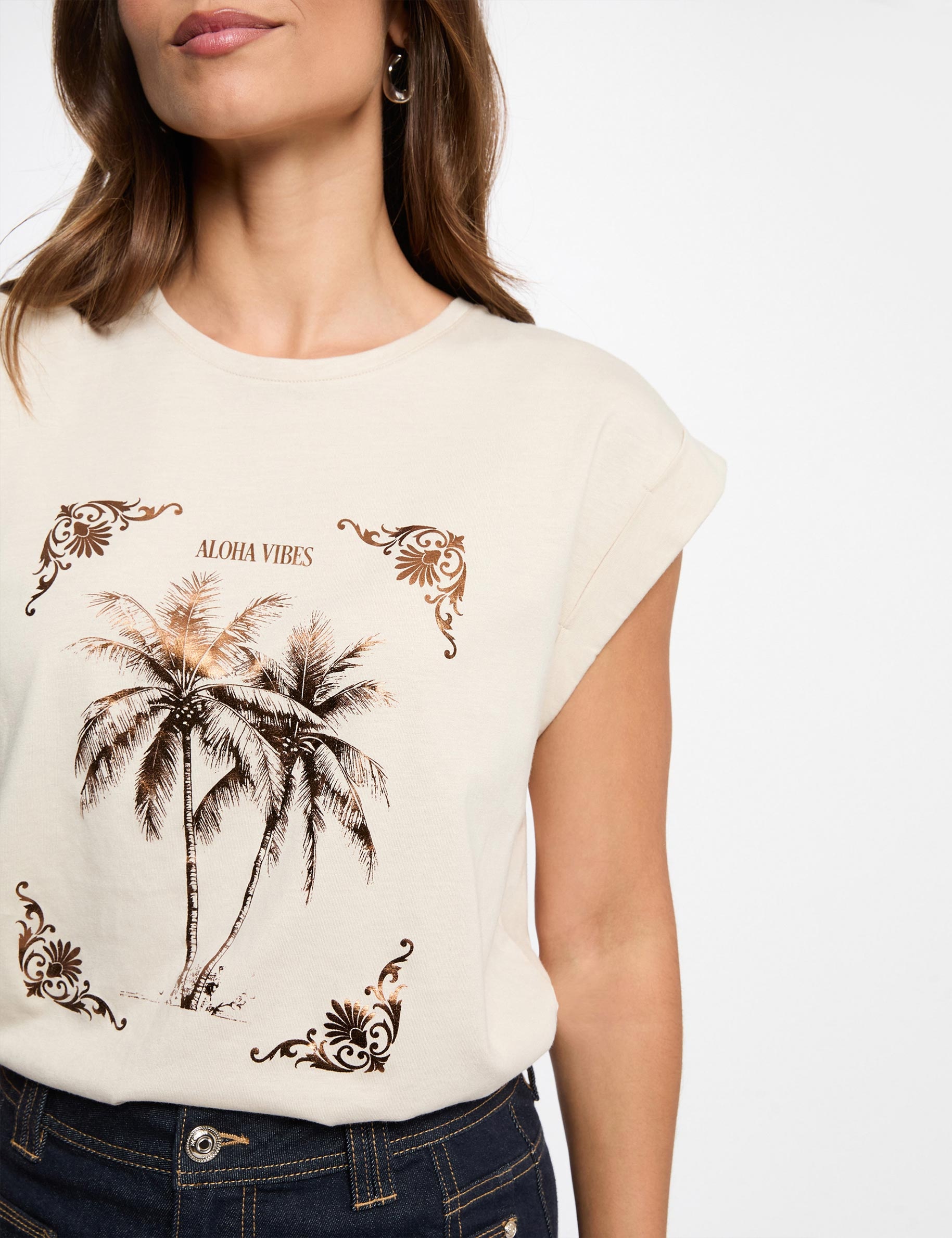 Printed t-shirt with round neck light beige women
