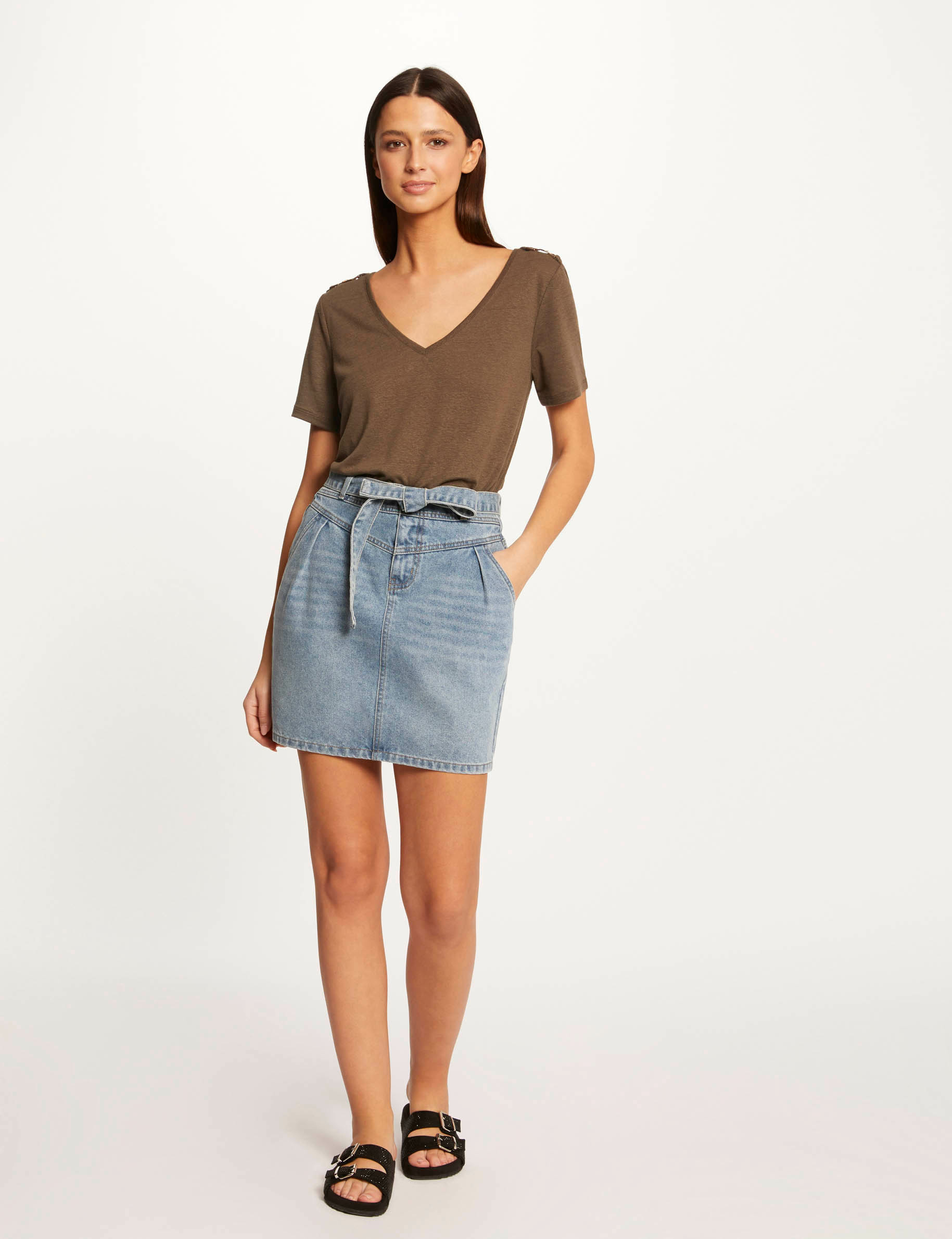 Belted straight denim skirt stone denim ladies' Belted straight denim skirt stone denim ladies'