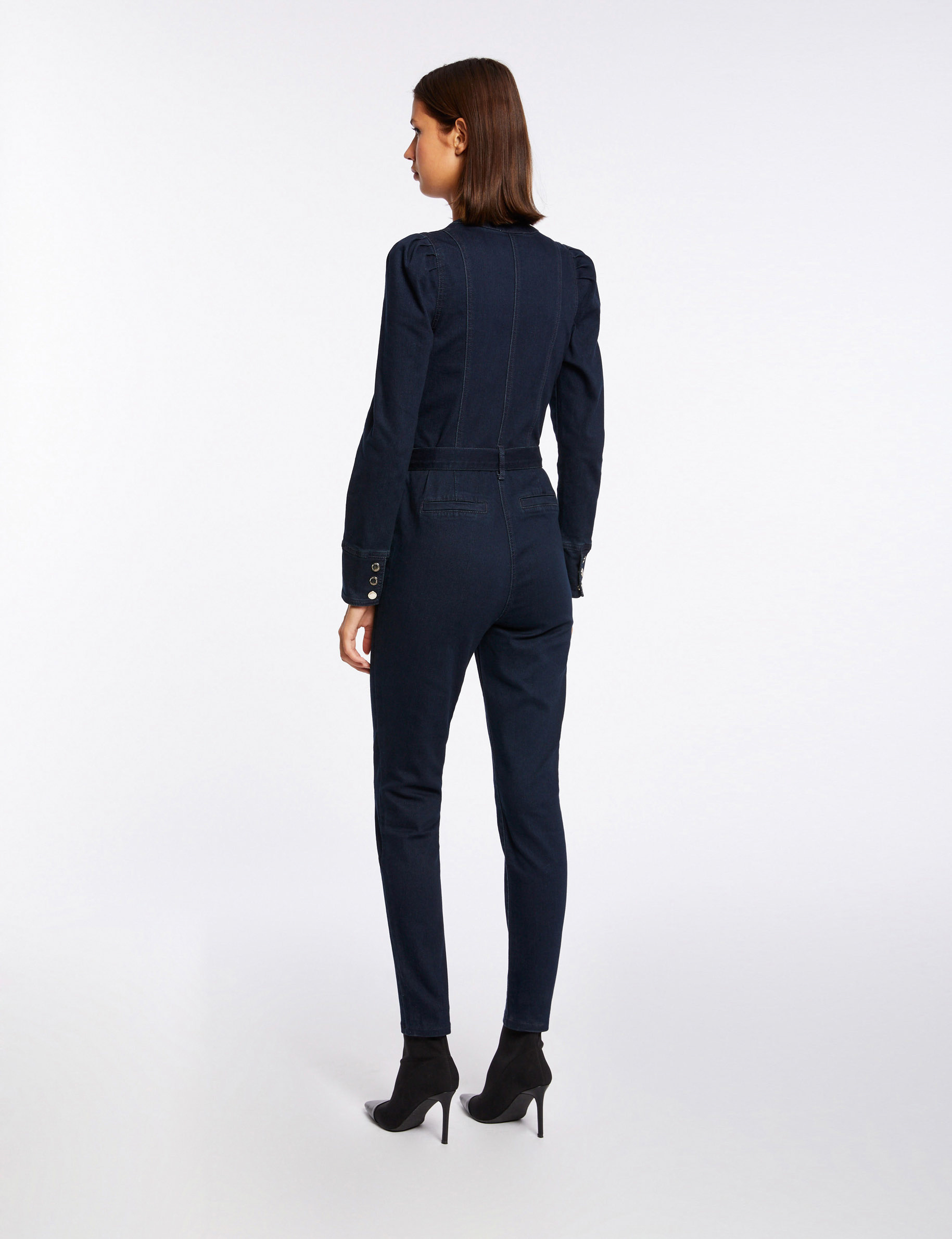 Fitted belted denim jumpsuit raw denim ladies' Fitted belted denim jumpsuit raw denim ladies'