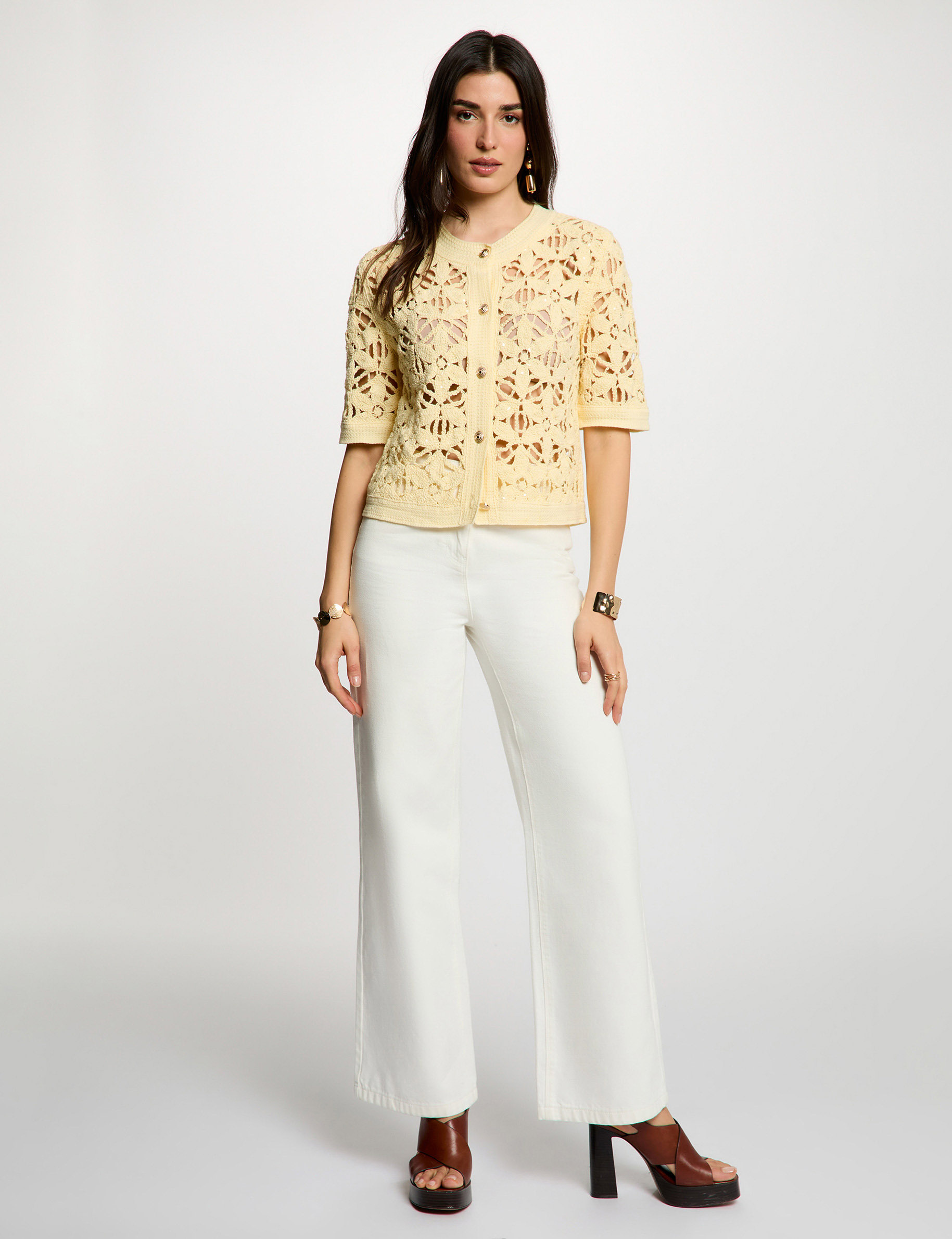 Crochet cardigan with round neck pastel yellow women