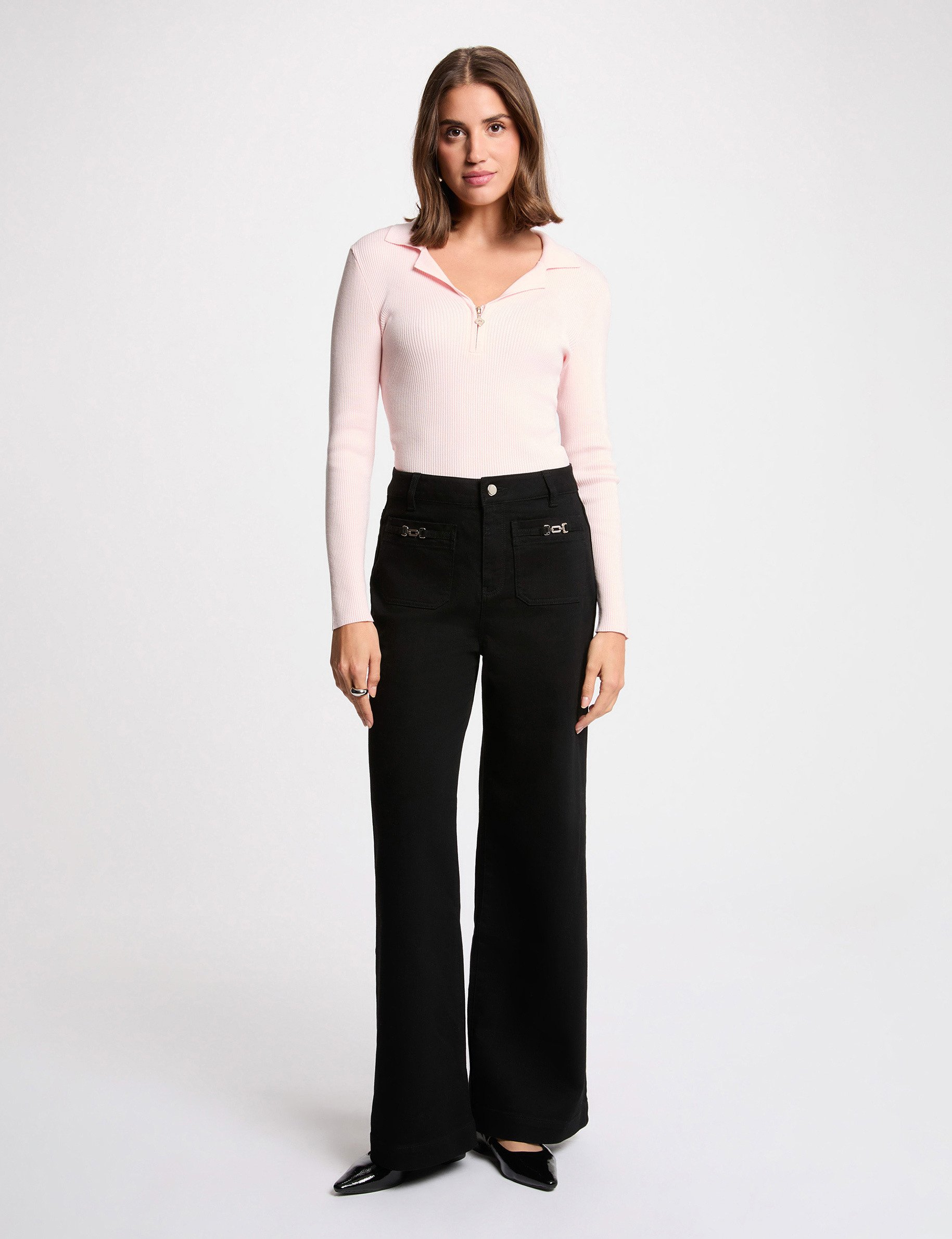 Pull ajust&eacute; col tailleur rose clair femme