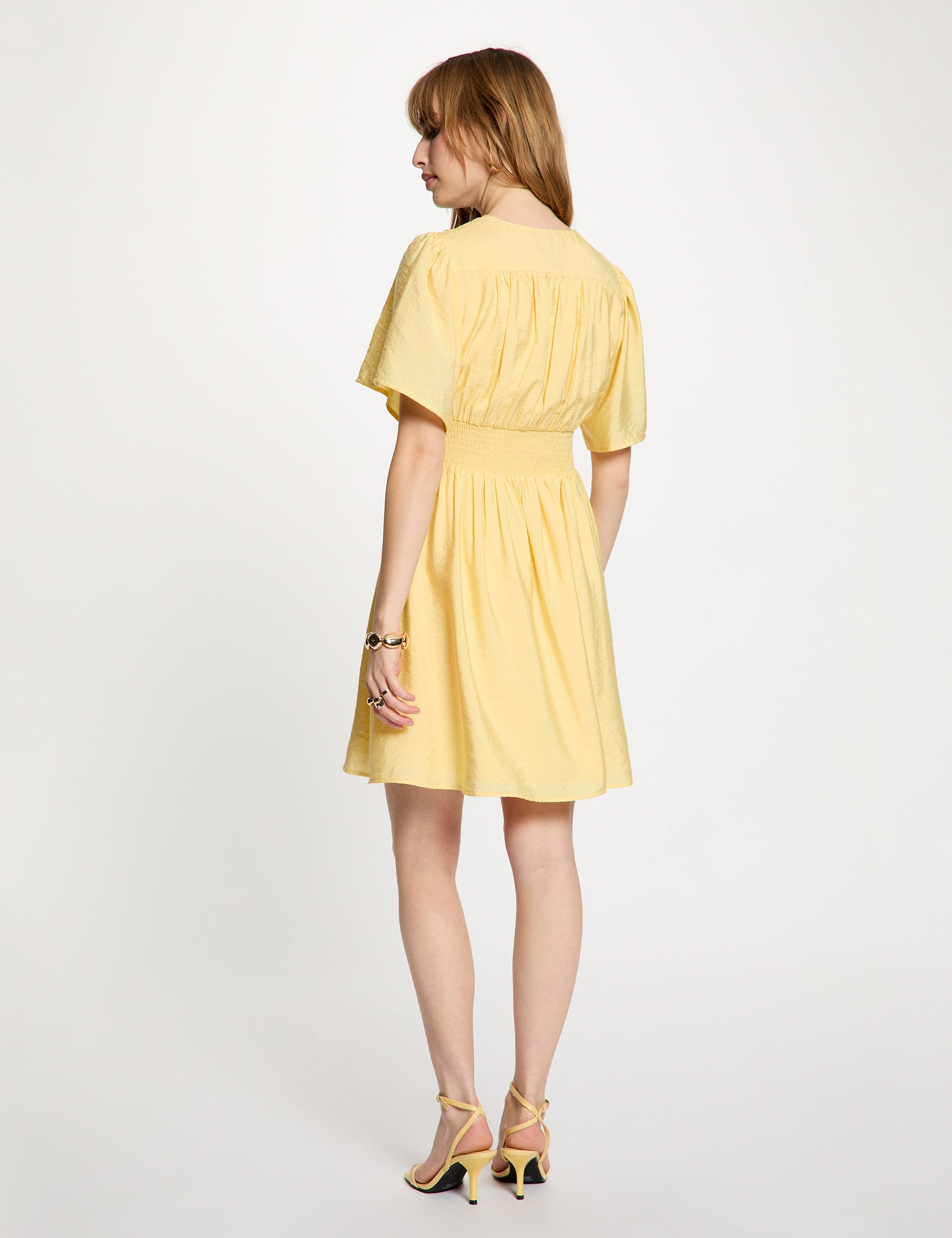 Pleated short dress light yellow women