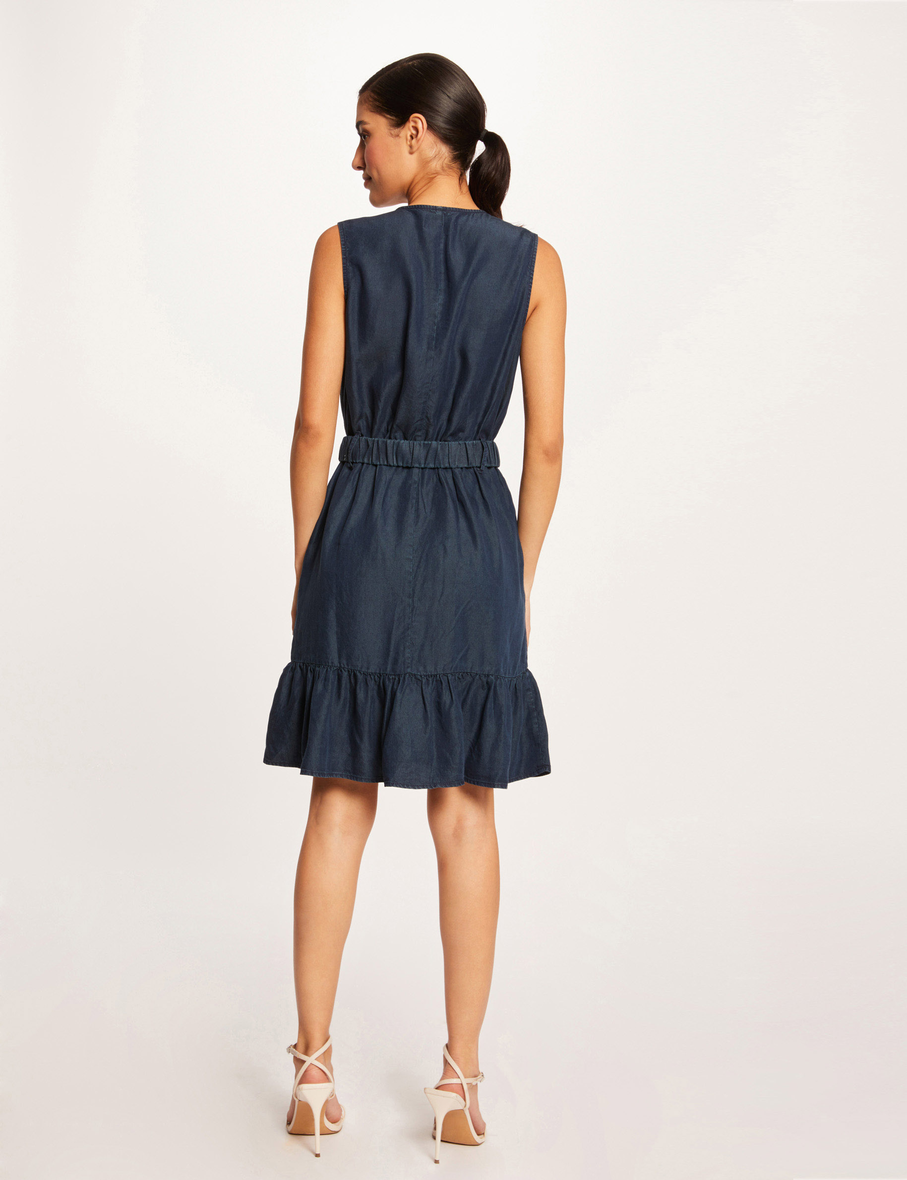 Belted sleeveless straight dress raw denim ladies' Belted sleeveless straight dress raw denim ladies'