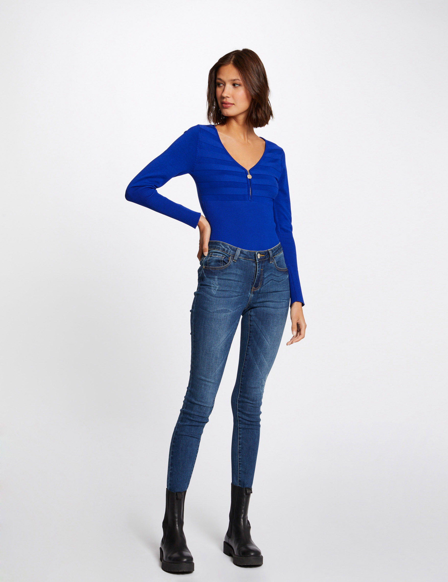 Long-sleeved jumper with zipped detail electric blue ladies'