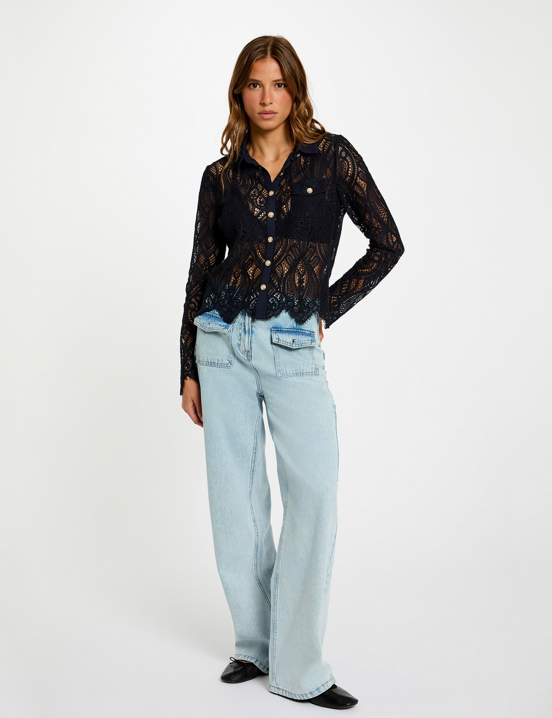 Cropped lace shirt navy blue women