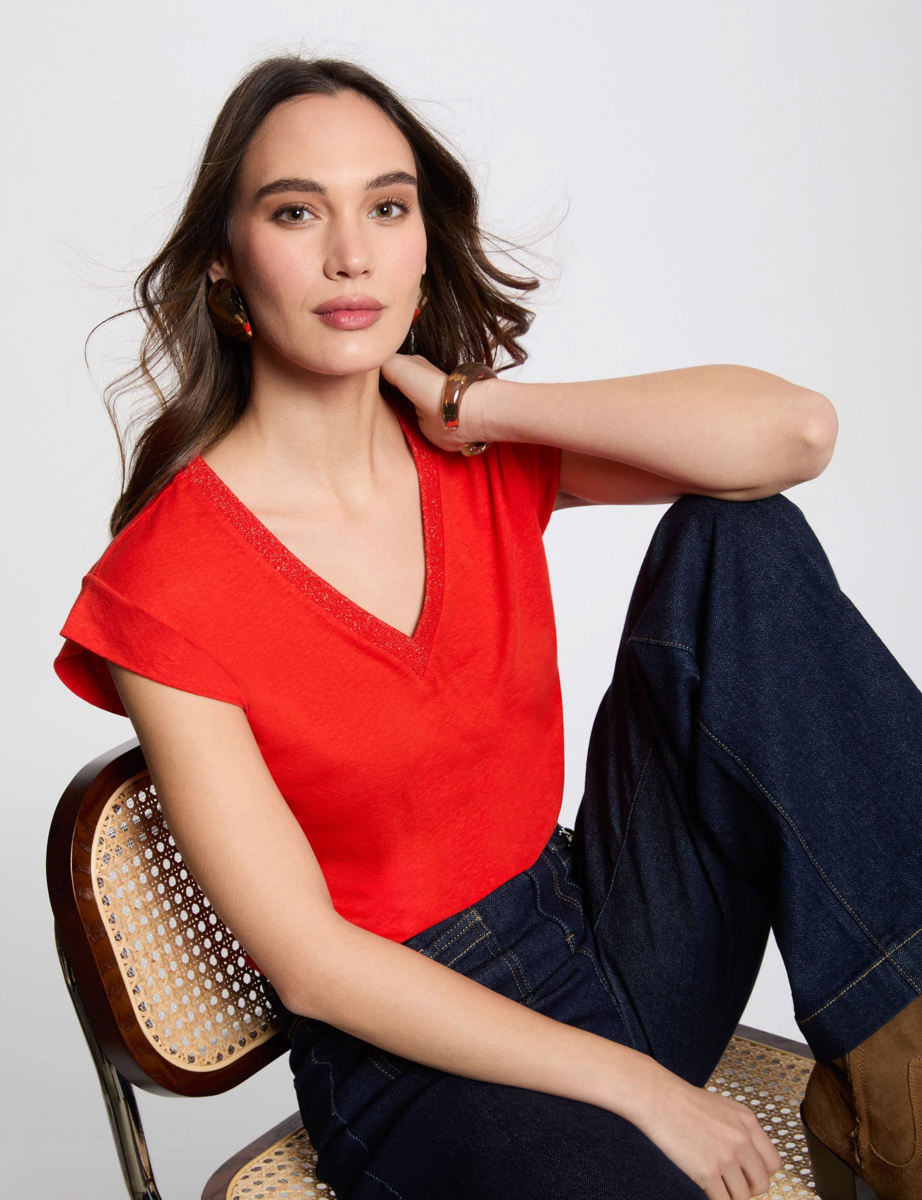 t shirt manches courtes a col en v orange femme T-shirt manches courtes à col en V orange femme