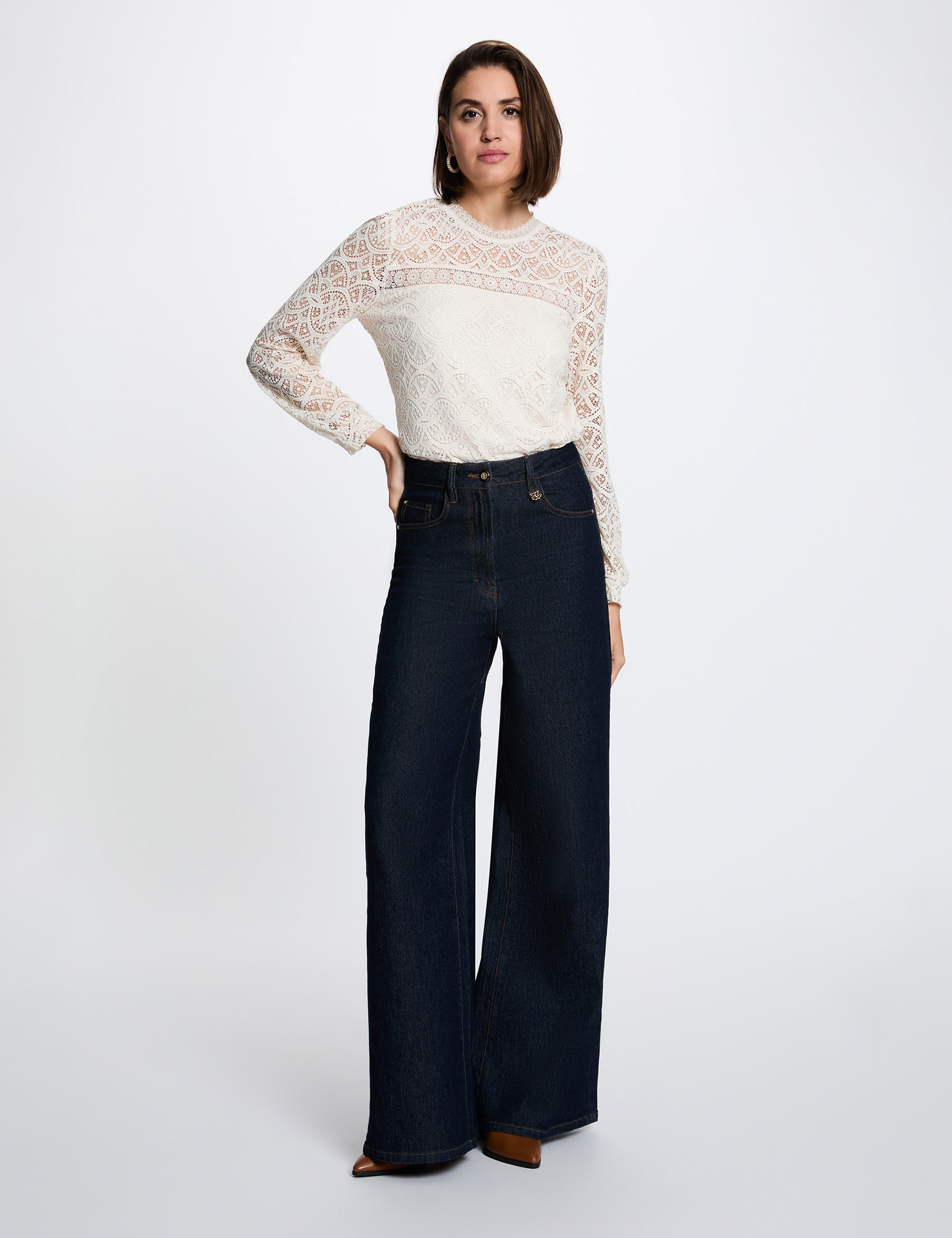 Long-sleeve lace t-shirt ivory women