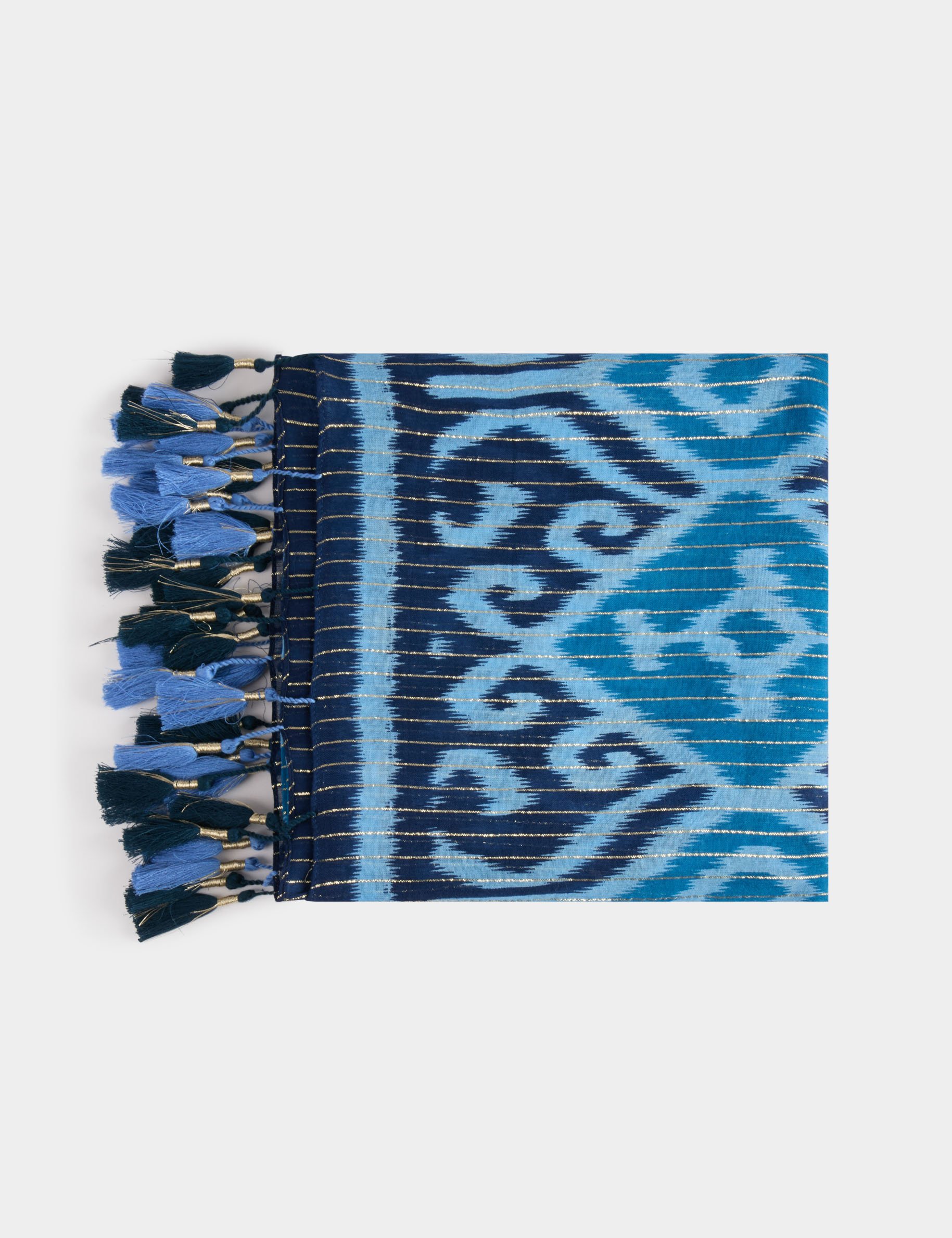 printed scarf with pom poms blue women Printed scarf with pom-poms blue women