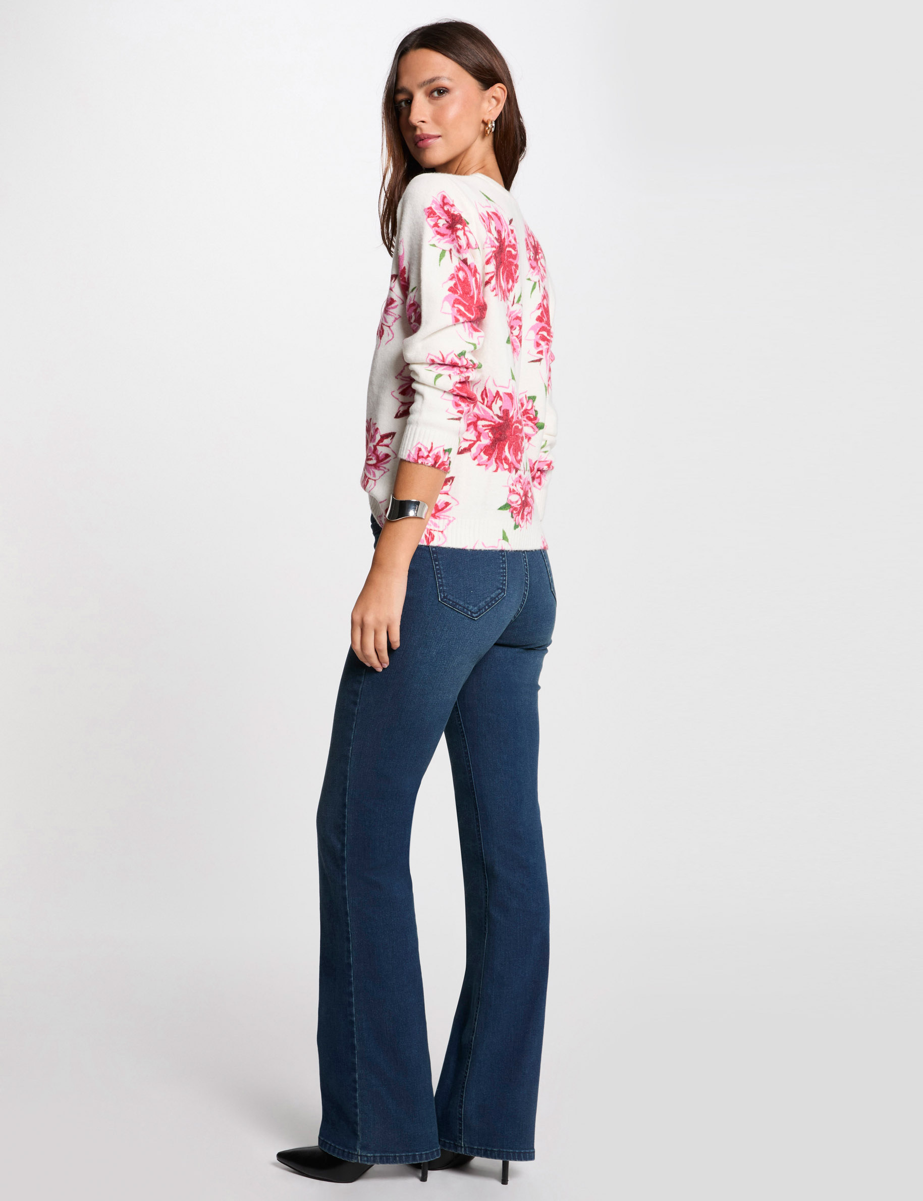 pull col rond imprime floral ivoire femme Pull col rond imprimé floral ivoire femme