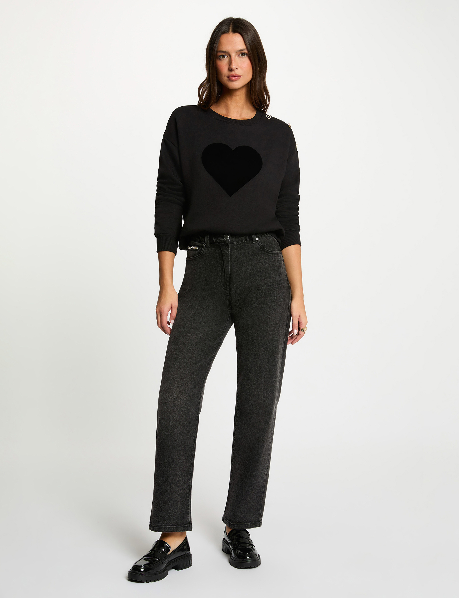 Sweat imprimé col rond noir femme