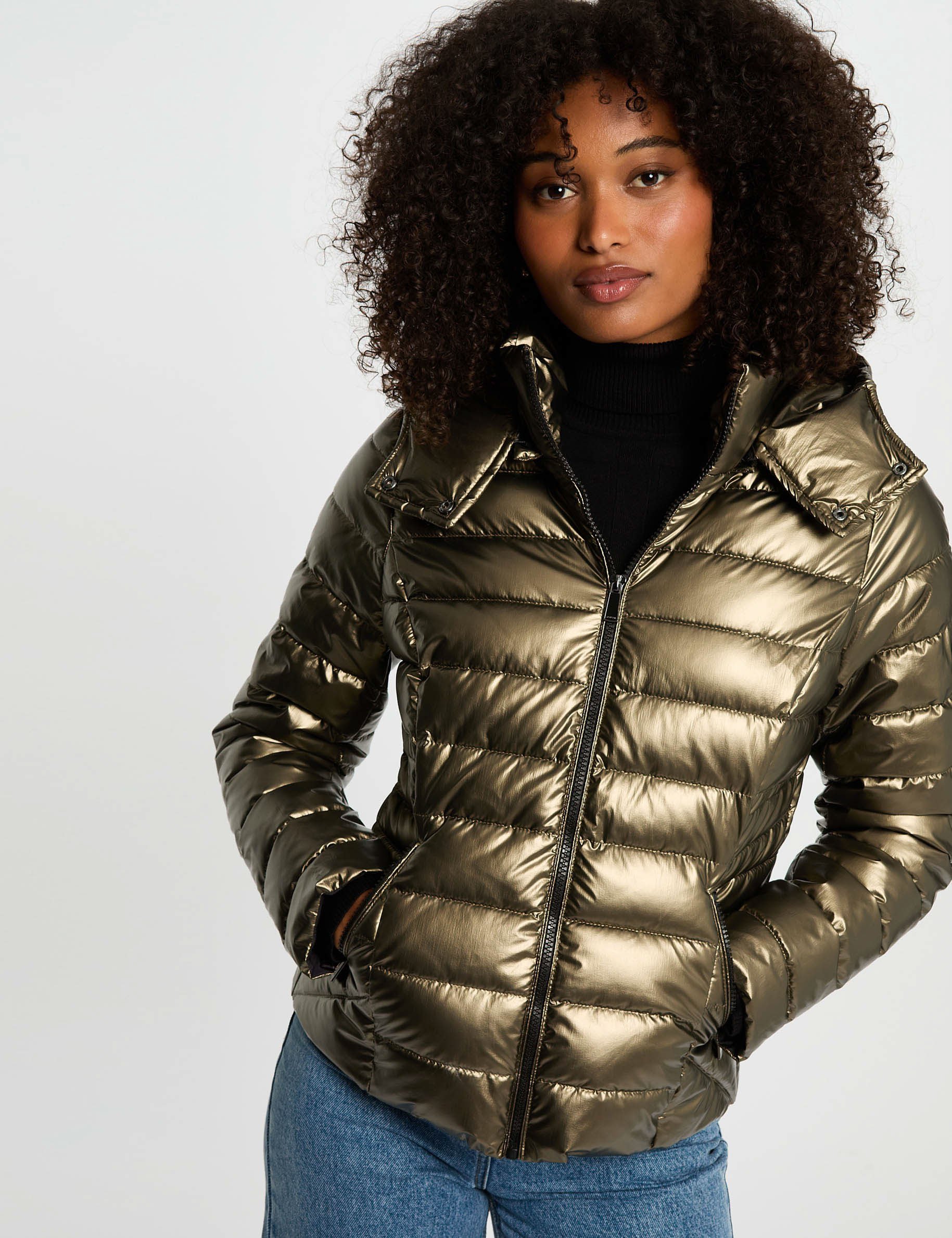 Metallised padded jacket hood bronze color women