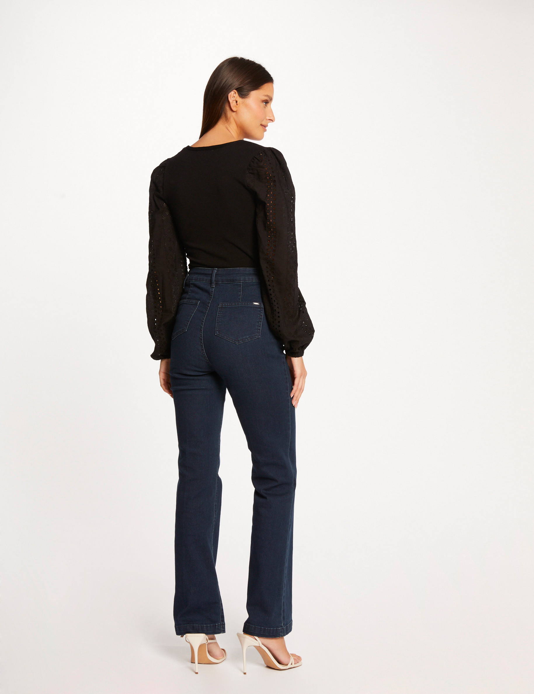 Jumper embroidered puff long sleeves black ladies'