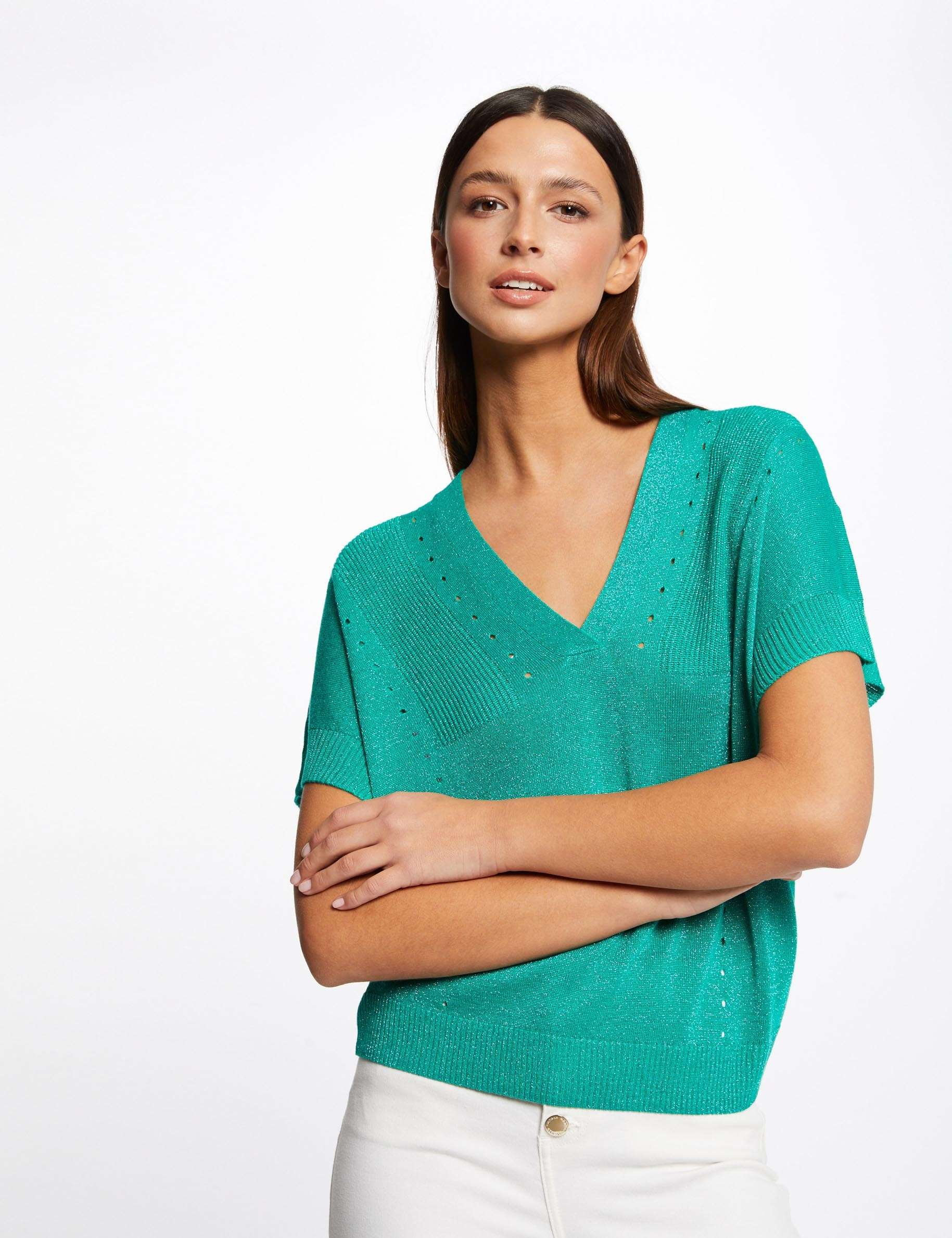 Short-sleeved jumper with V-neck light green ladies' Short-sleeved jumper with V-neck light green ladies'