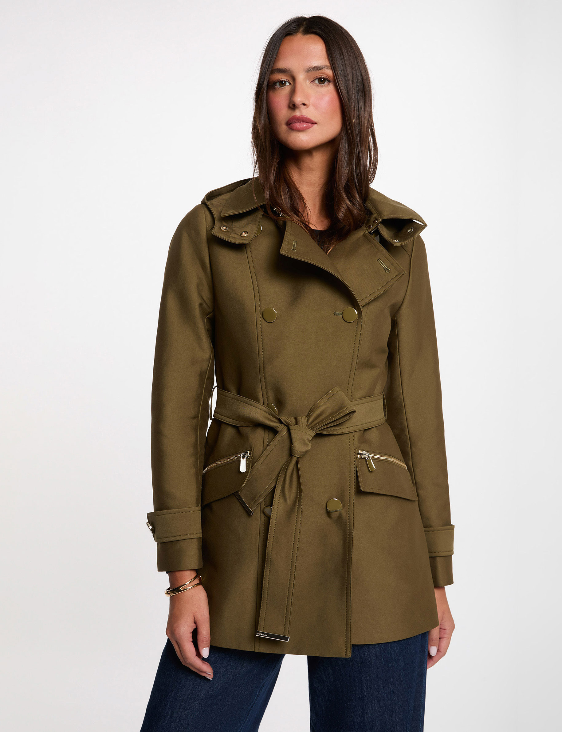 Waisted belted trenchcoat with hood khaki green women
