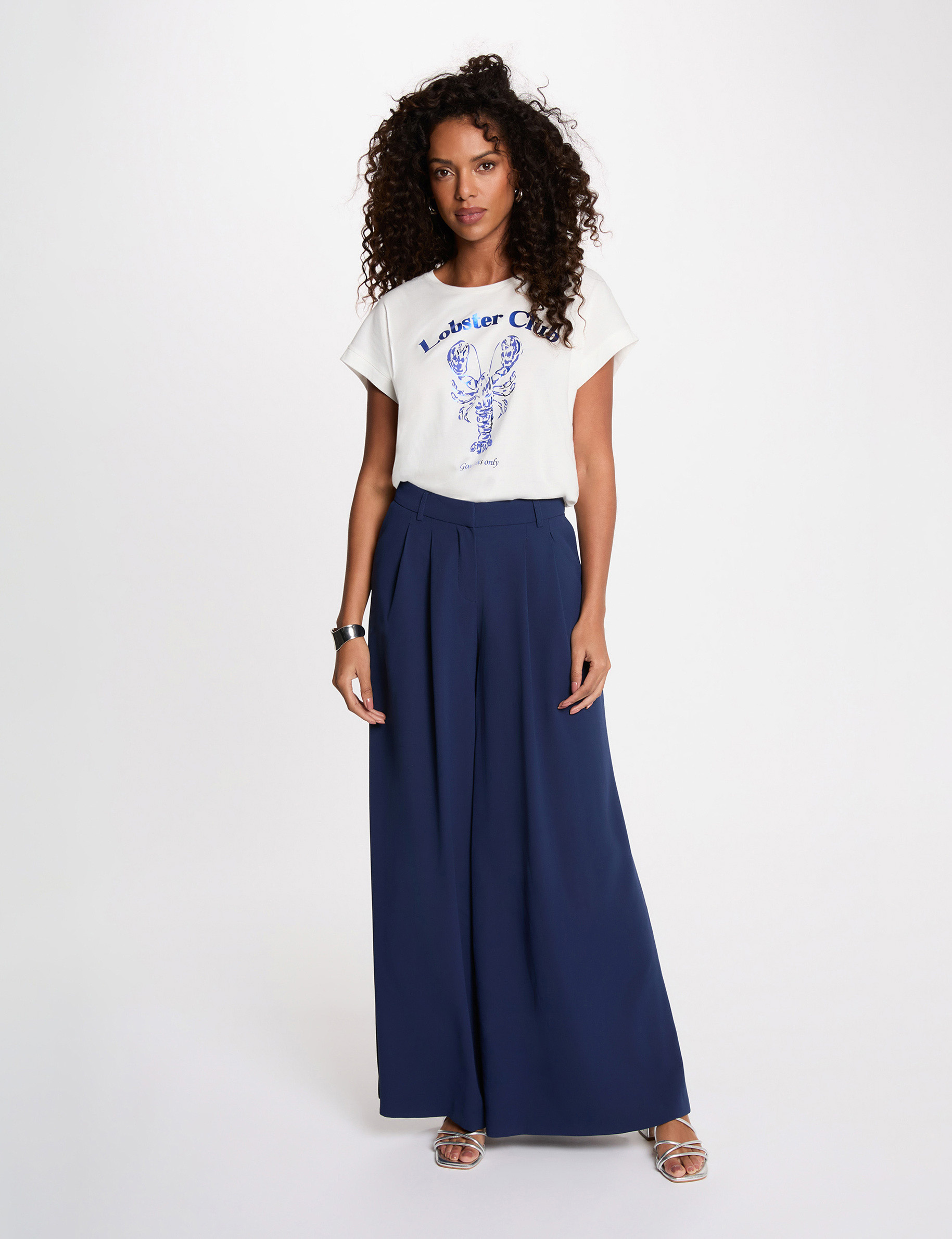 Flowy wide-leg trousers navy blue women