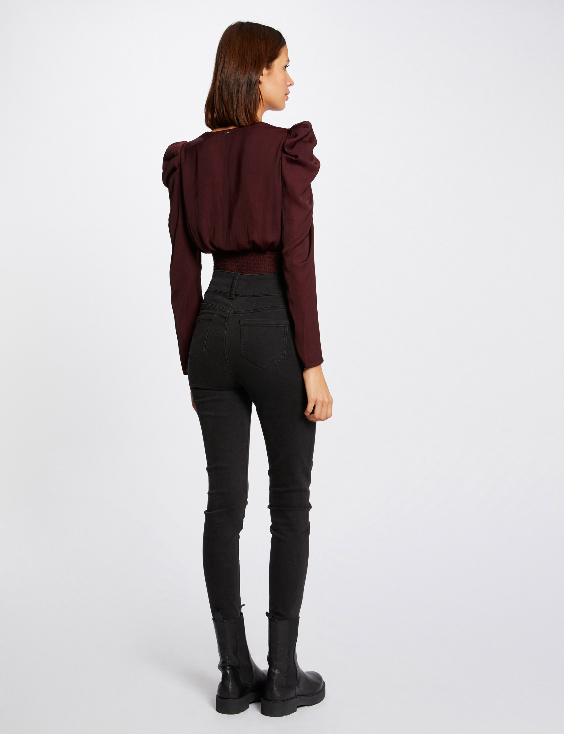 Long-sleeved blouse wrap-over neckline plum ladies' Long-sleeved blouse wrap-over neckline plum ladies'