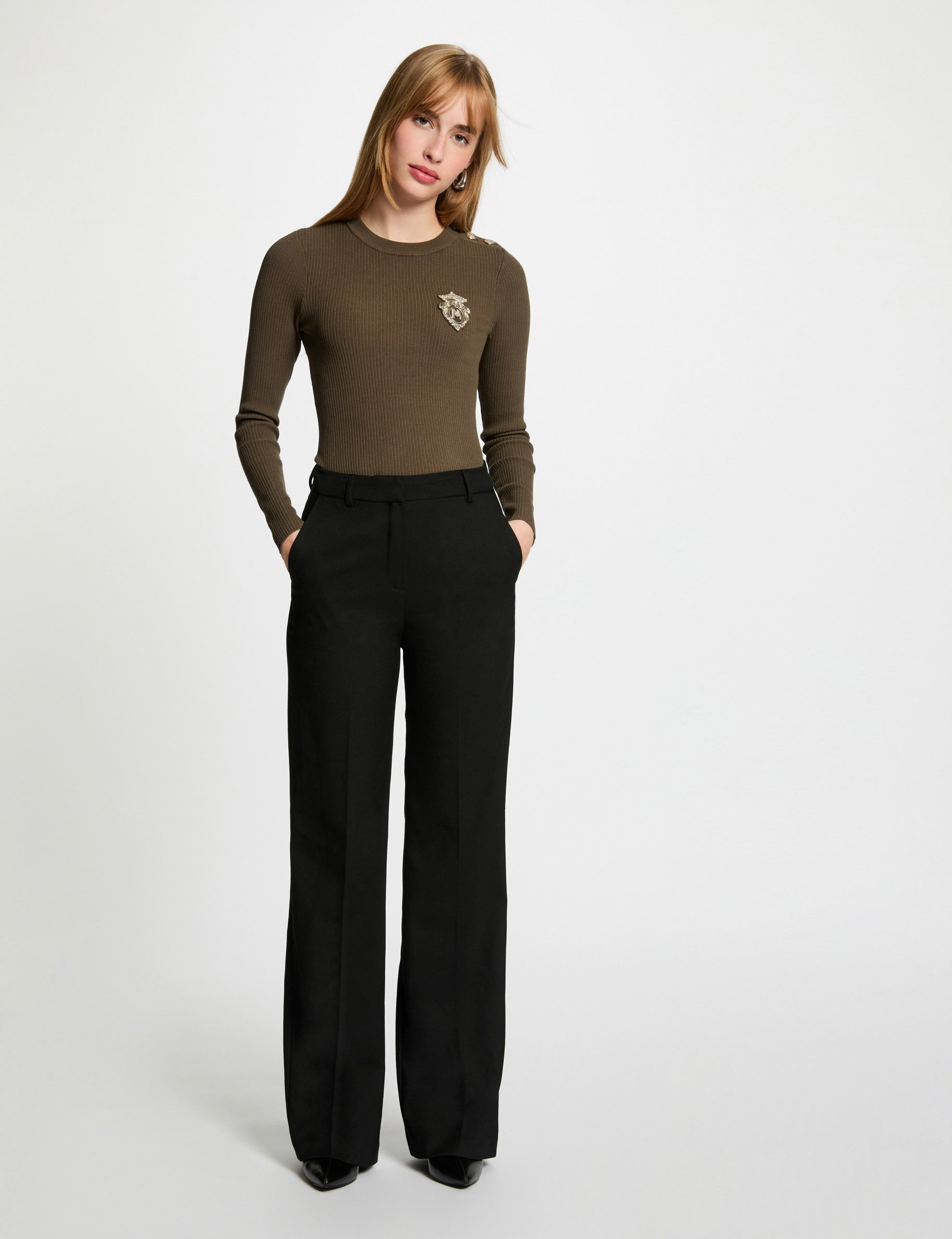 pull col rond cotele vert kaki femme Pull col rond côtelé vert kaki femme
