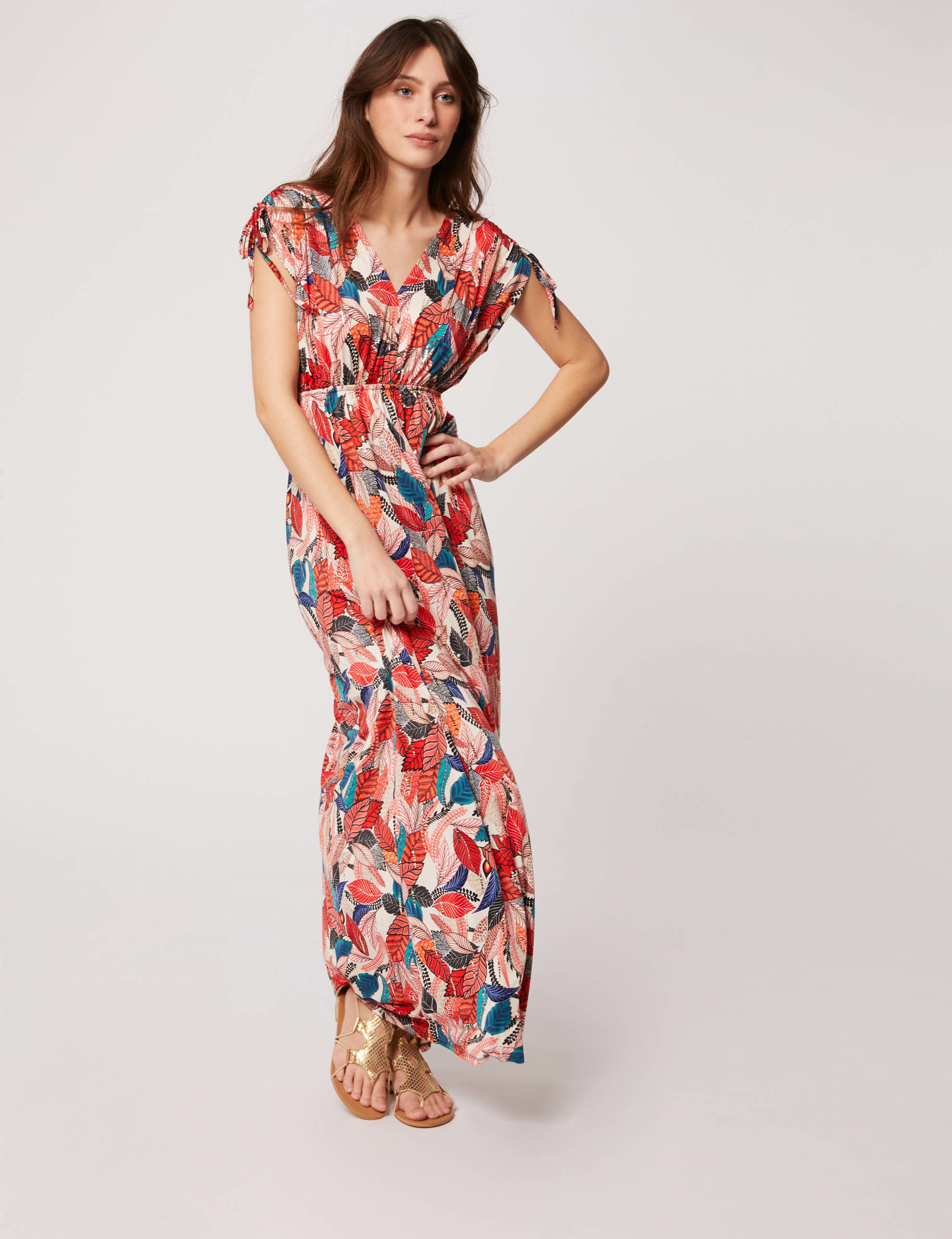 Maxi A-line dress with vegetal print ivory ladies'