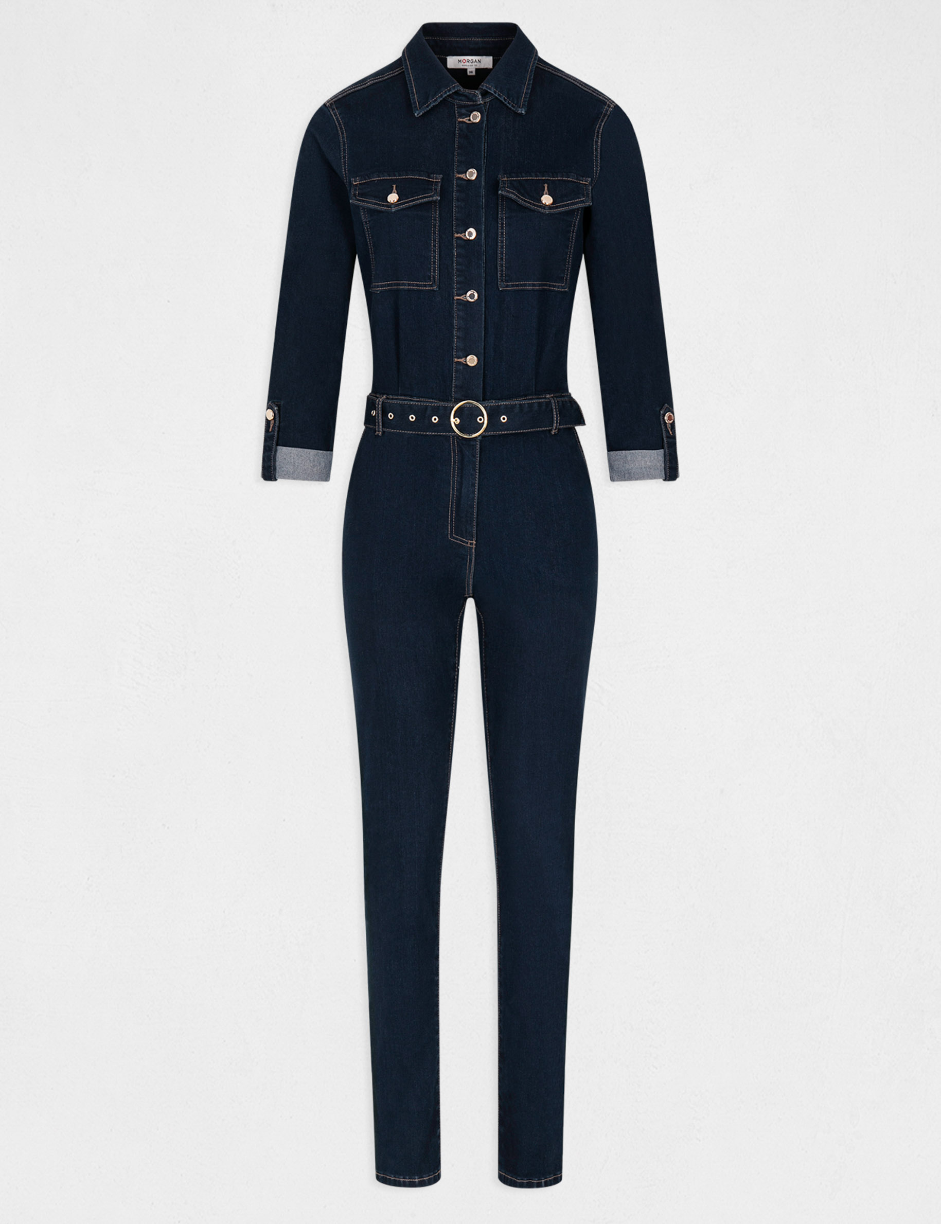 Fitted buttoned denim jumpsuit raw denim ladies'