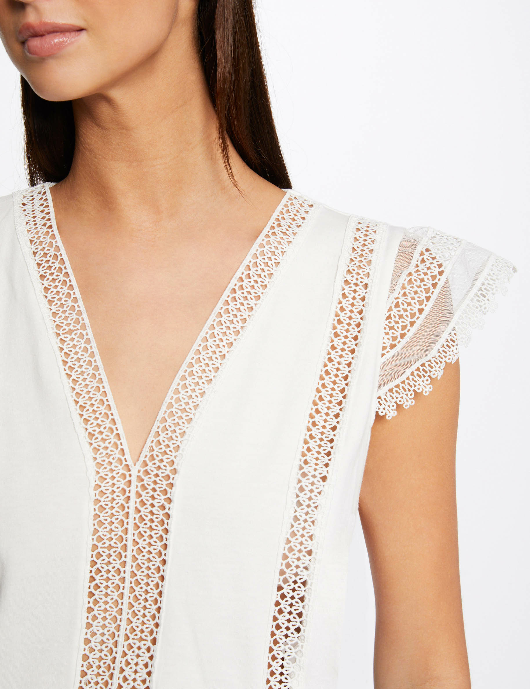 Short Sleeved T Shirt With Lace Ecru Ladies Morgan