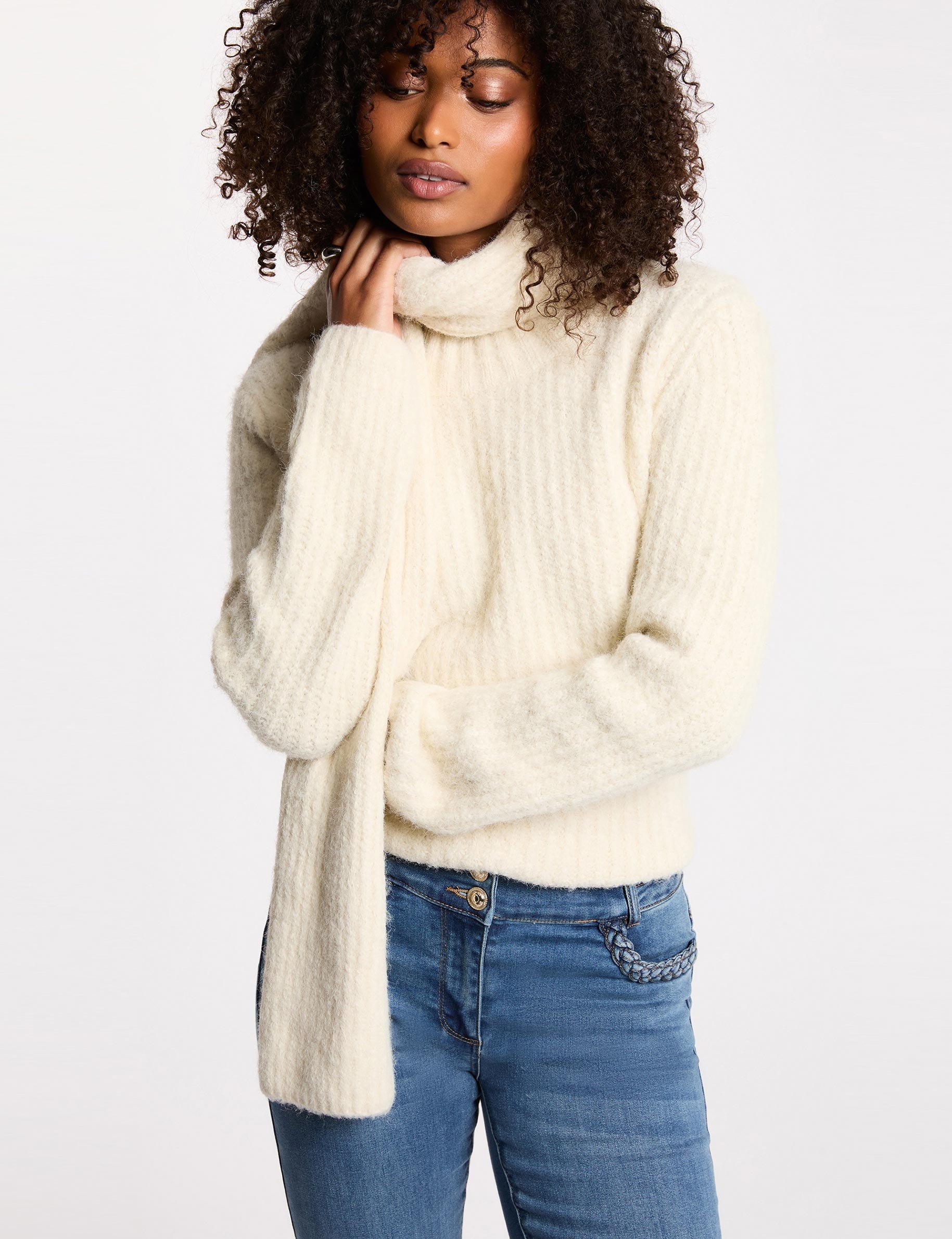 Sweater with scarf collar ivory women