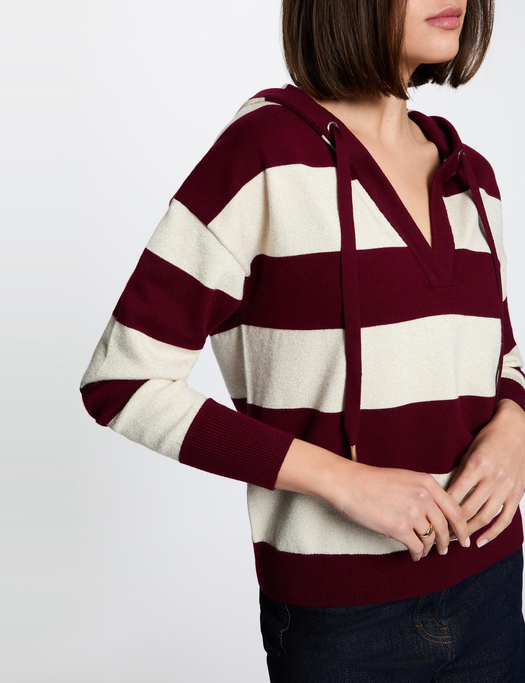 Striped sweater with hood bordeaux women