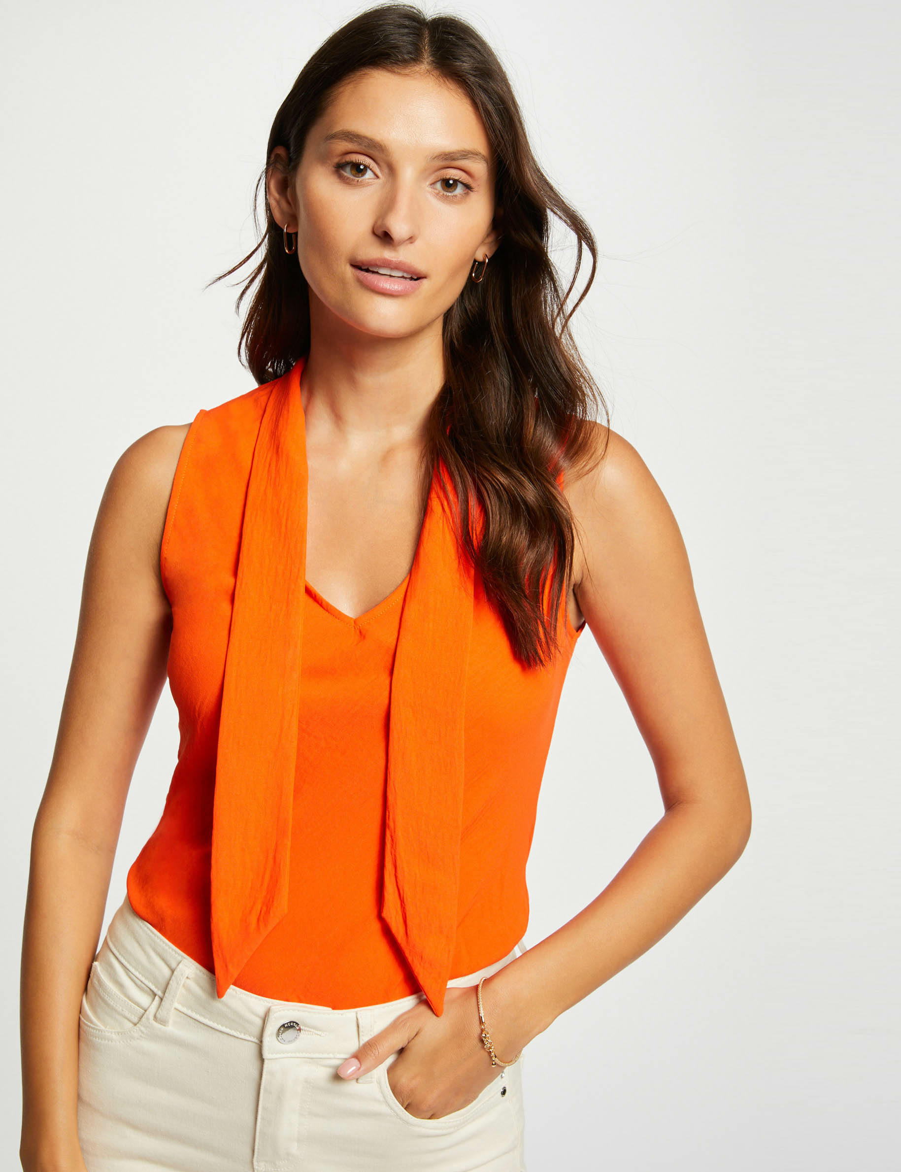 Sleeveless blouse with tie neck orange ladies'