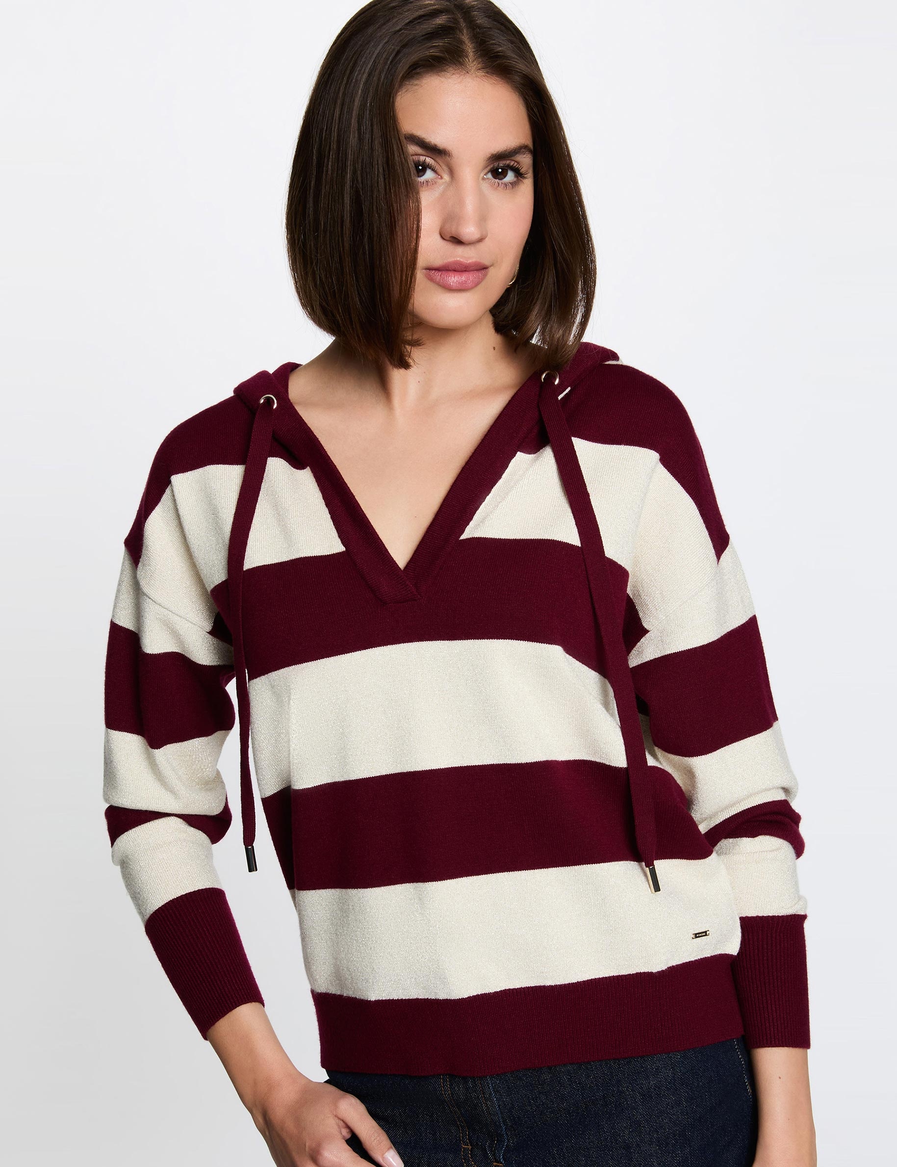 Striped sweater with hood bordeaux women