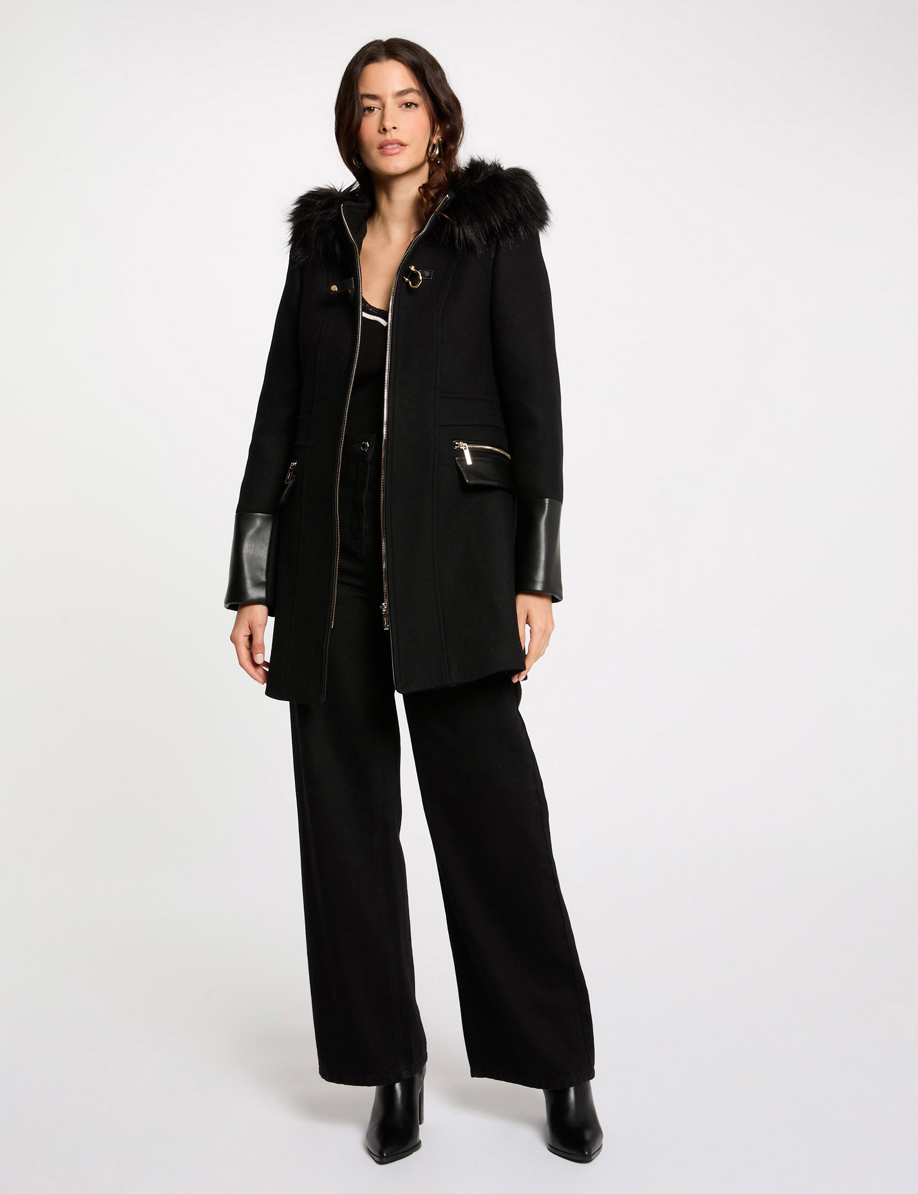 straight zipped coat with hood black women Straight zipped coat with hood black women
