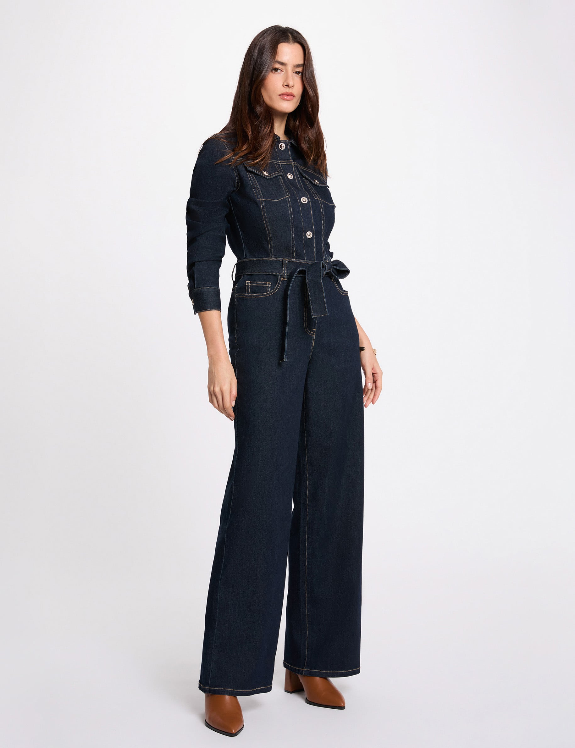 Wide-leg denim jumpsuit raw denim women