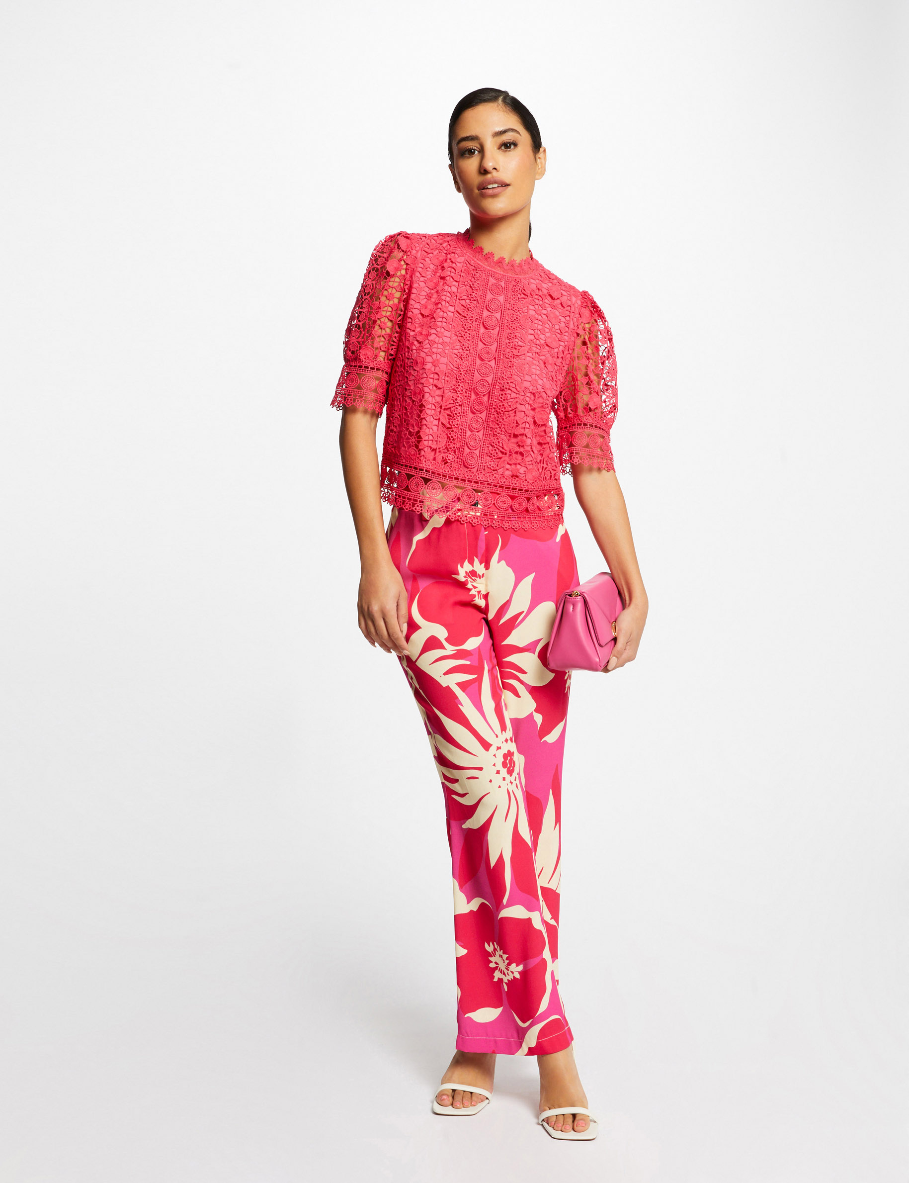 Short-sleeved blouse with lace medium pink ladies'
