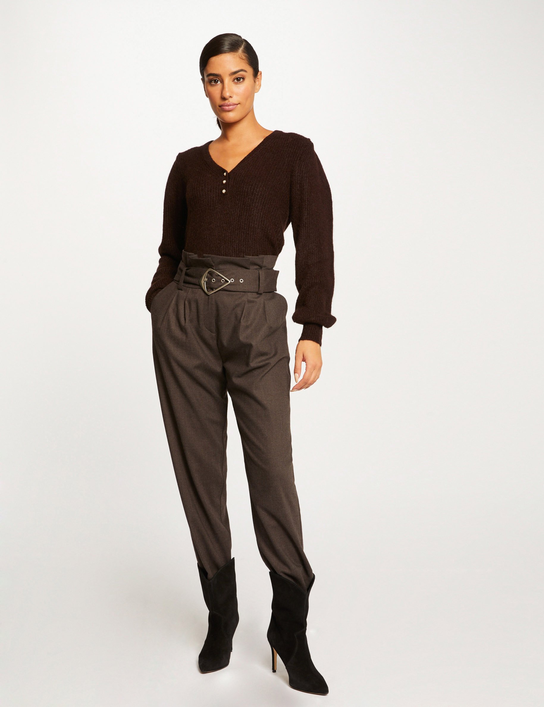 Long-sleeved jumper with V-neck dark brown ladies'