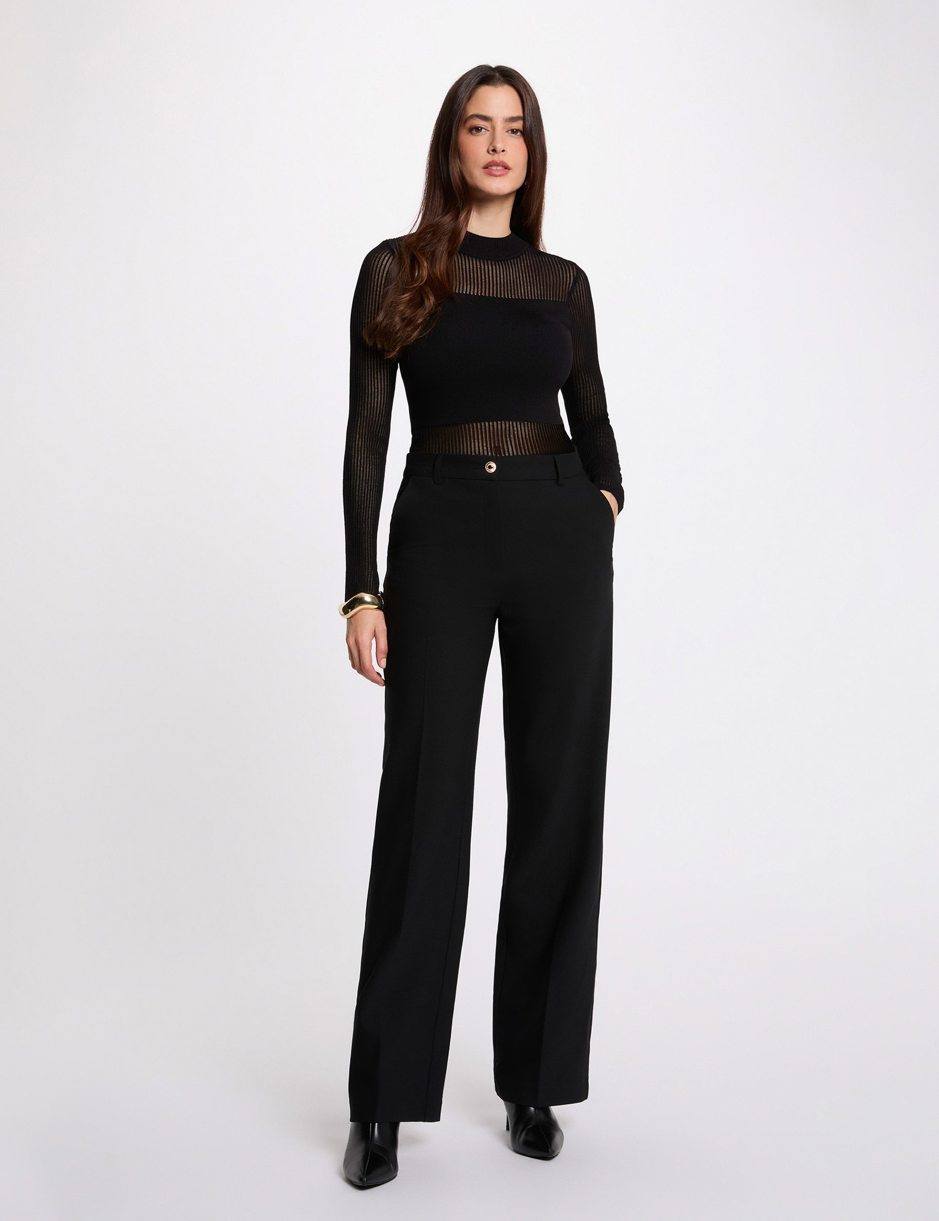 High neck openwork sweater black women