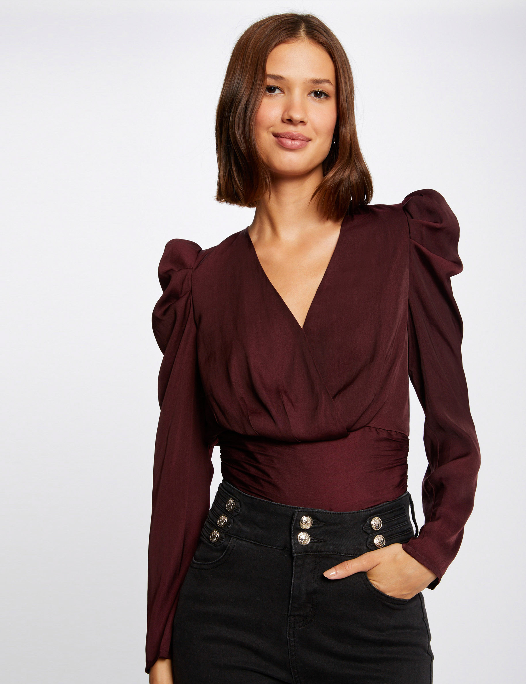 Long-sleeved blouse wrap-over neckline plum ladies'
