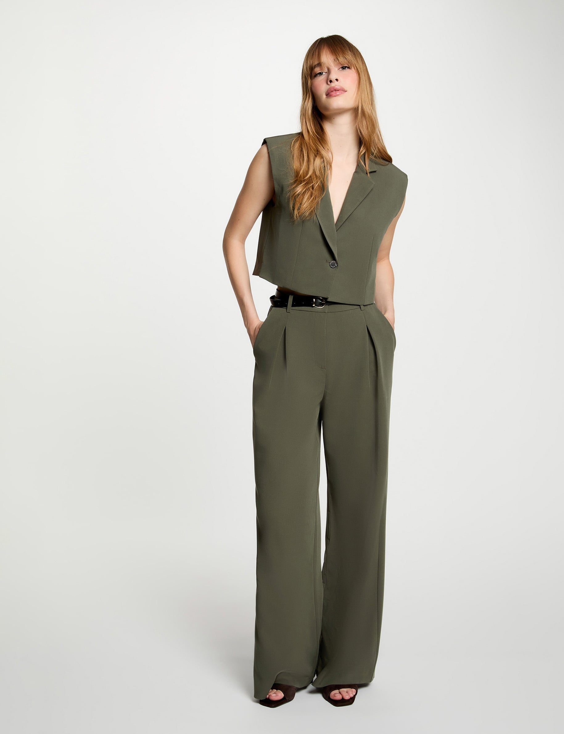 High-waisted wide-leg trousers khaki green women
